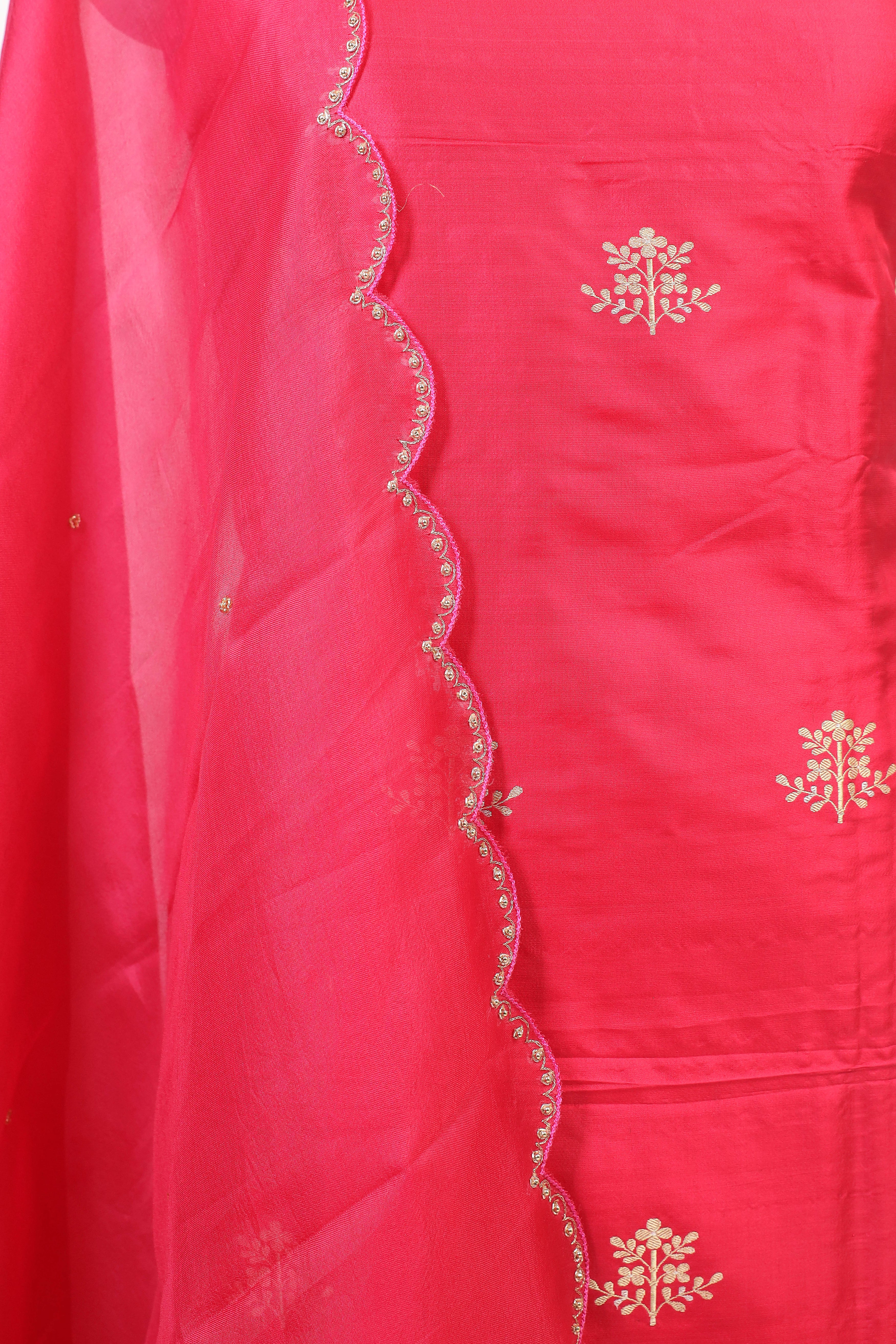 Bright Pink Chiniya Silk Suit Set With Hand Work Organza Dupatta