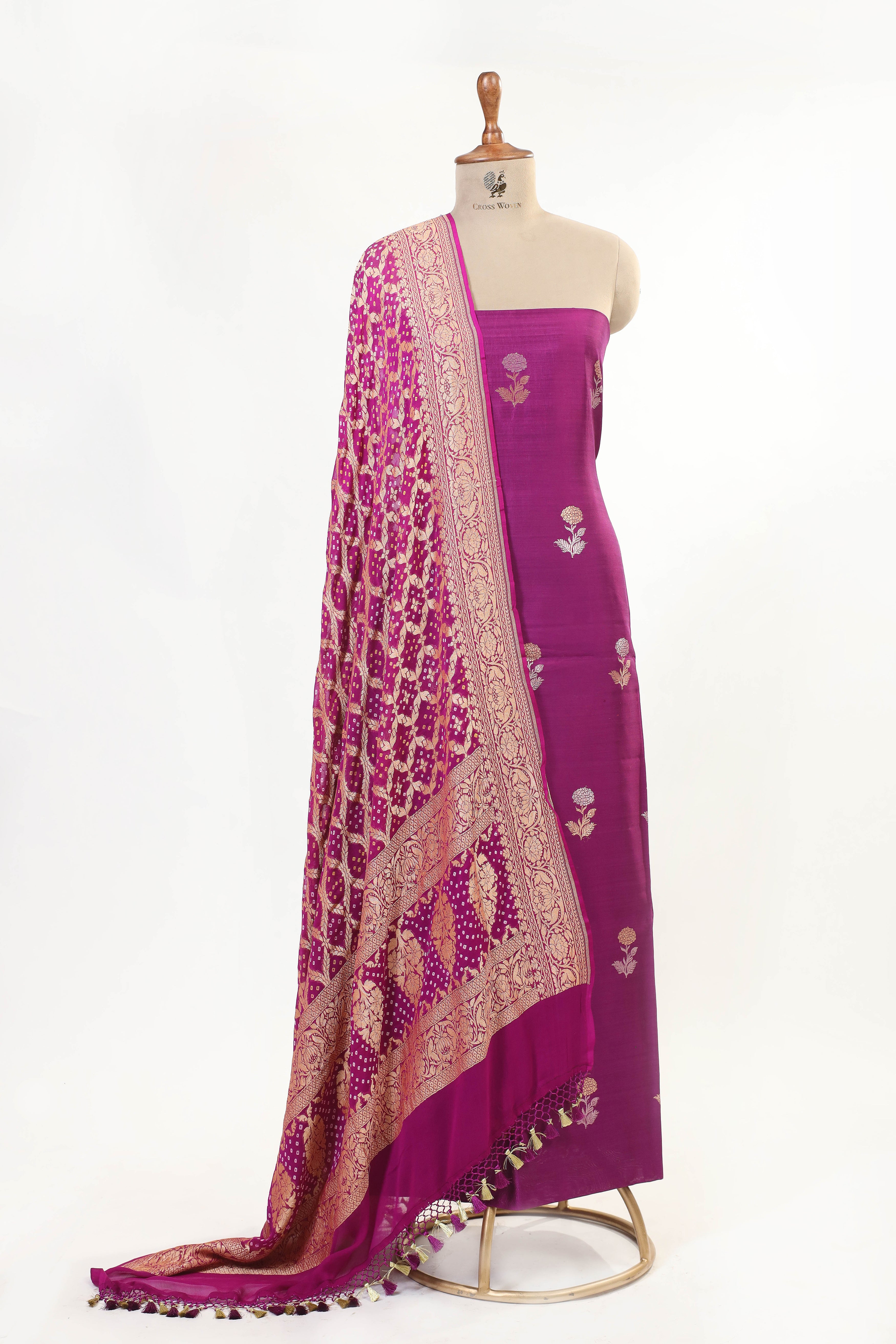 Magenta Purple Chiniya SIlk Suit Set With Bandhani Dupatta