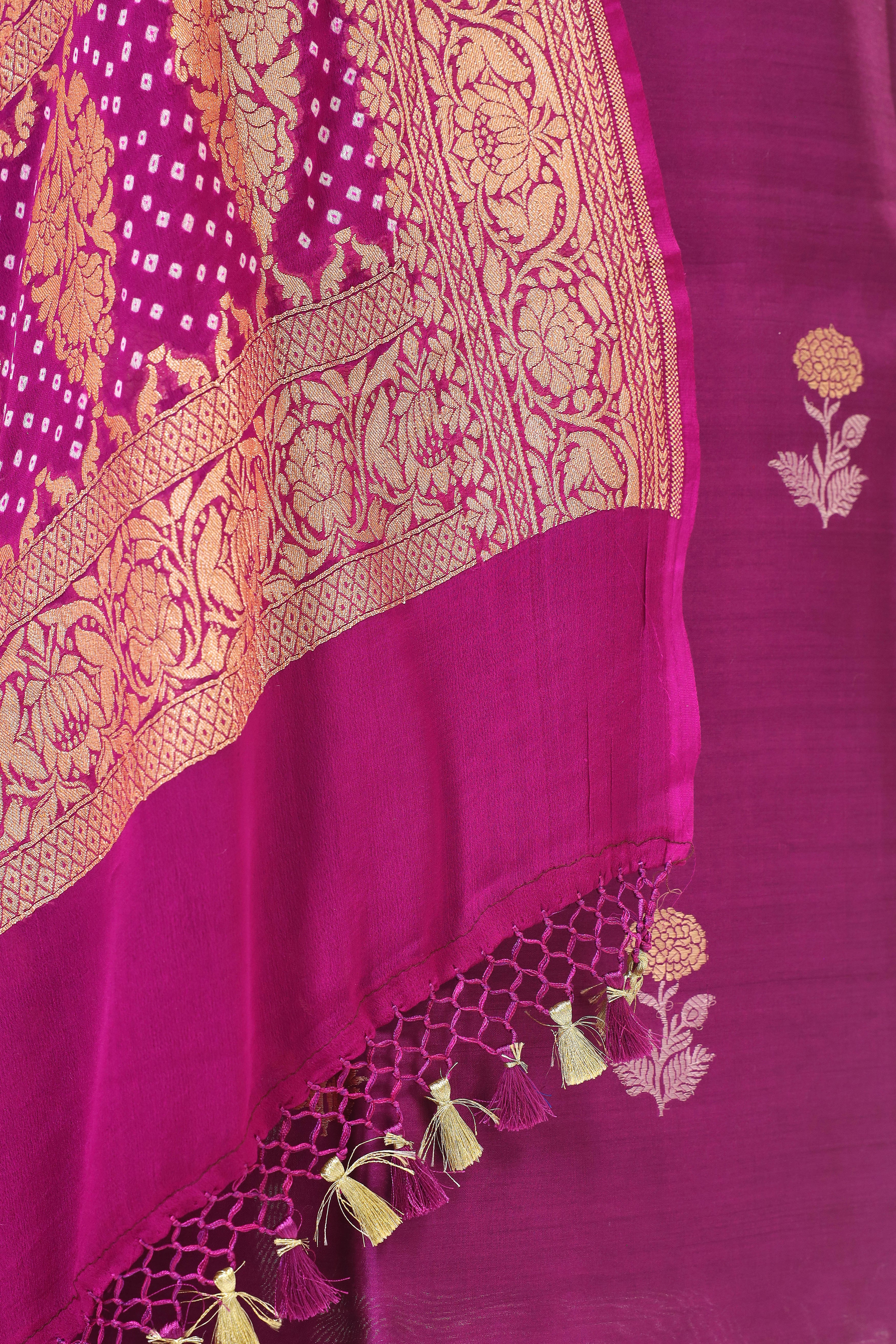 Magenta Purple Chiniya SIlk Suit Set With Bandhani Dupatta