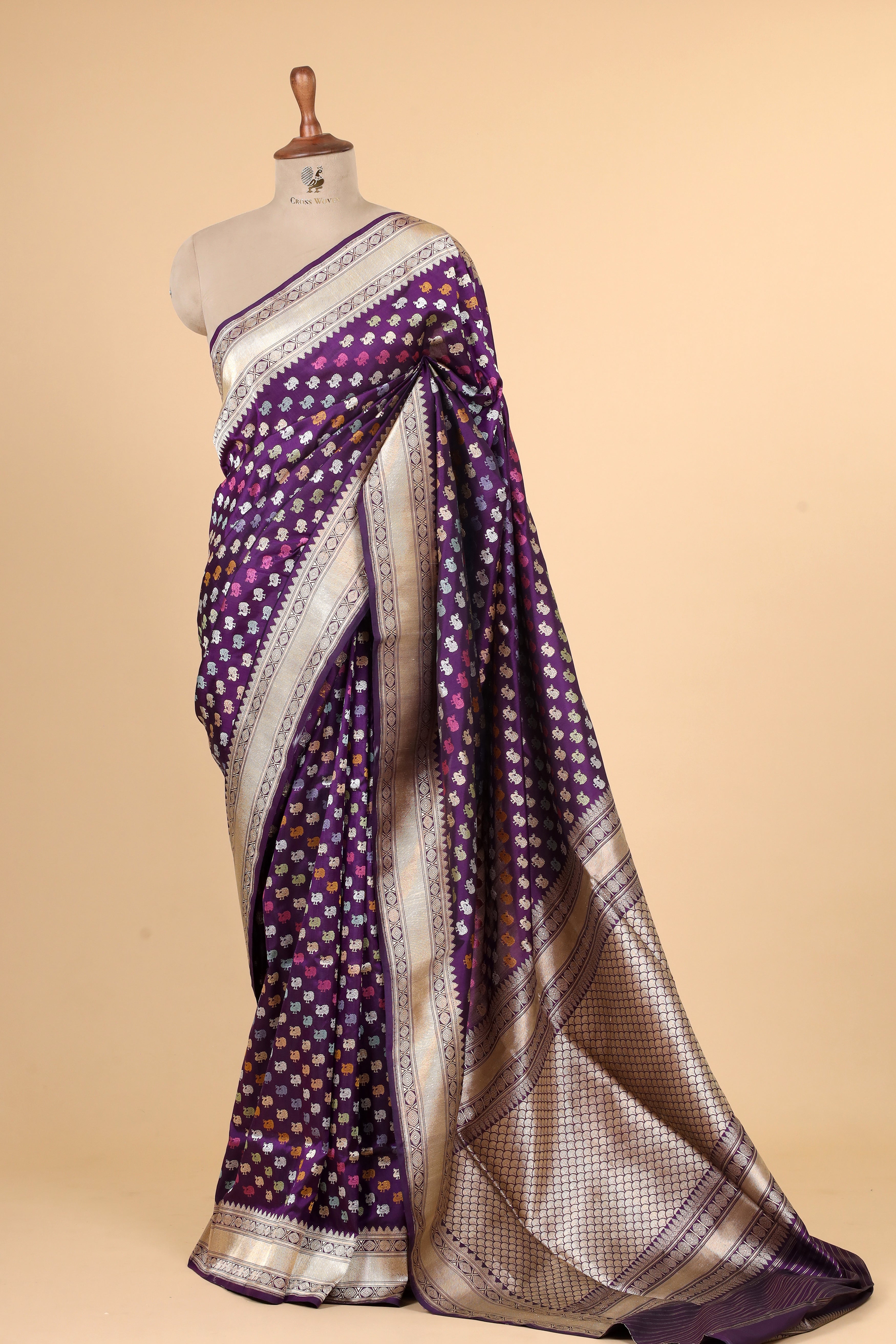 Deep Purple Meenakari Peacock Handwoven Pure Banarasi Katan Silk Saree