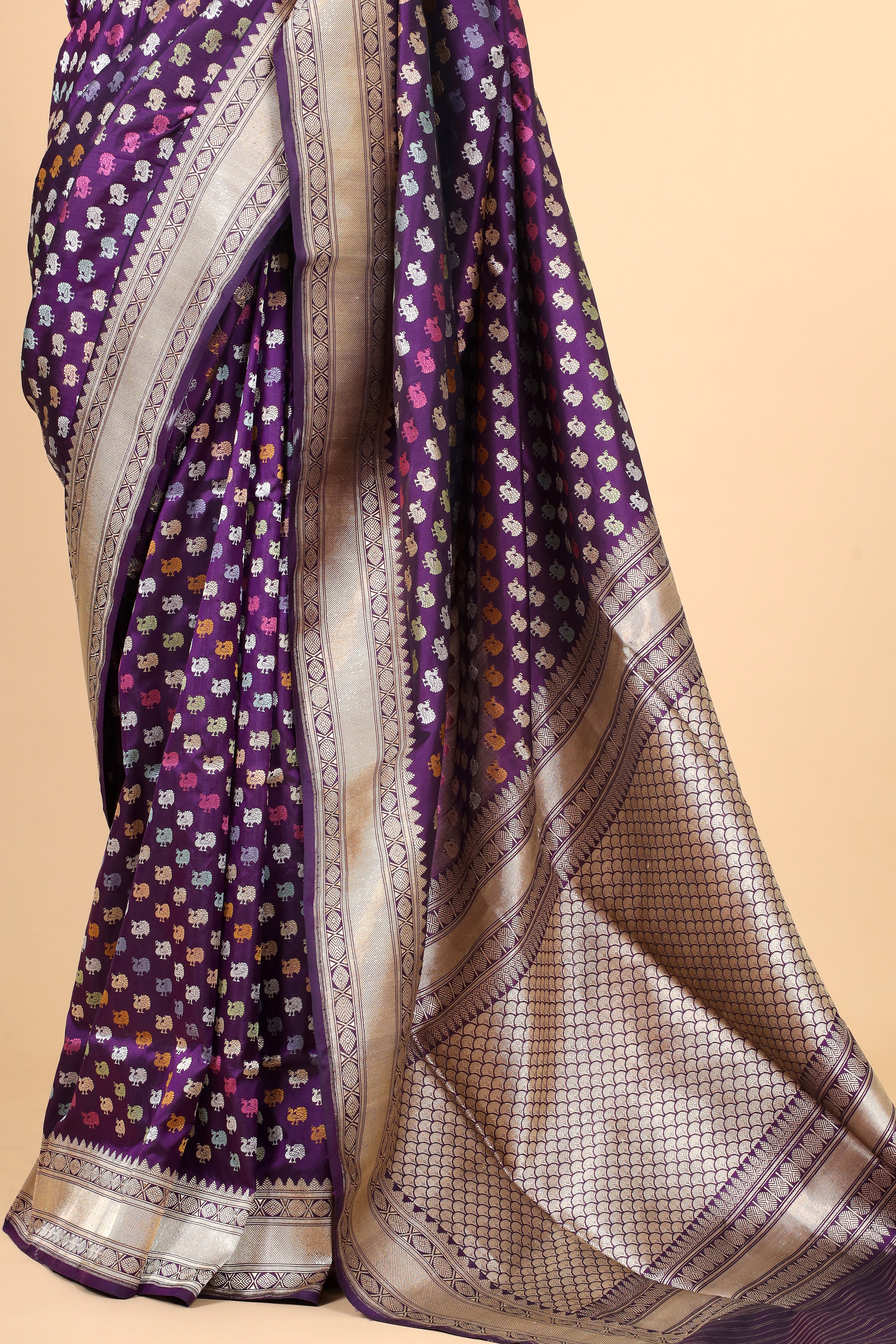 Deep Purple Meenakari Peacock Handwoven Pure Banarasi Katan Silk Saree
