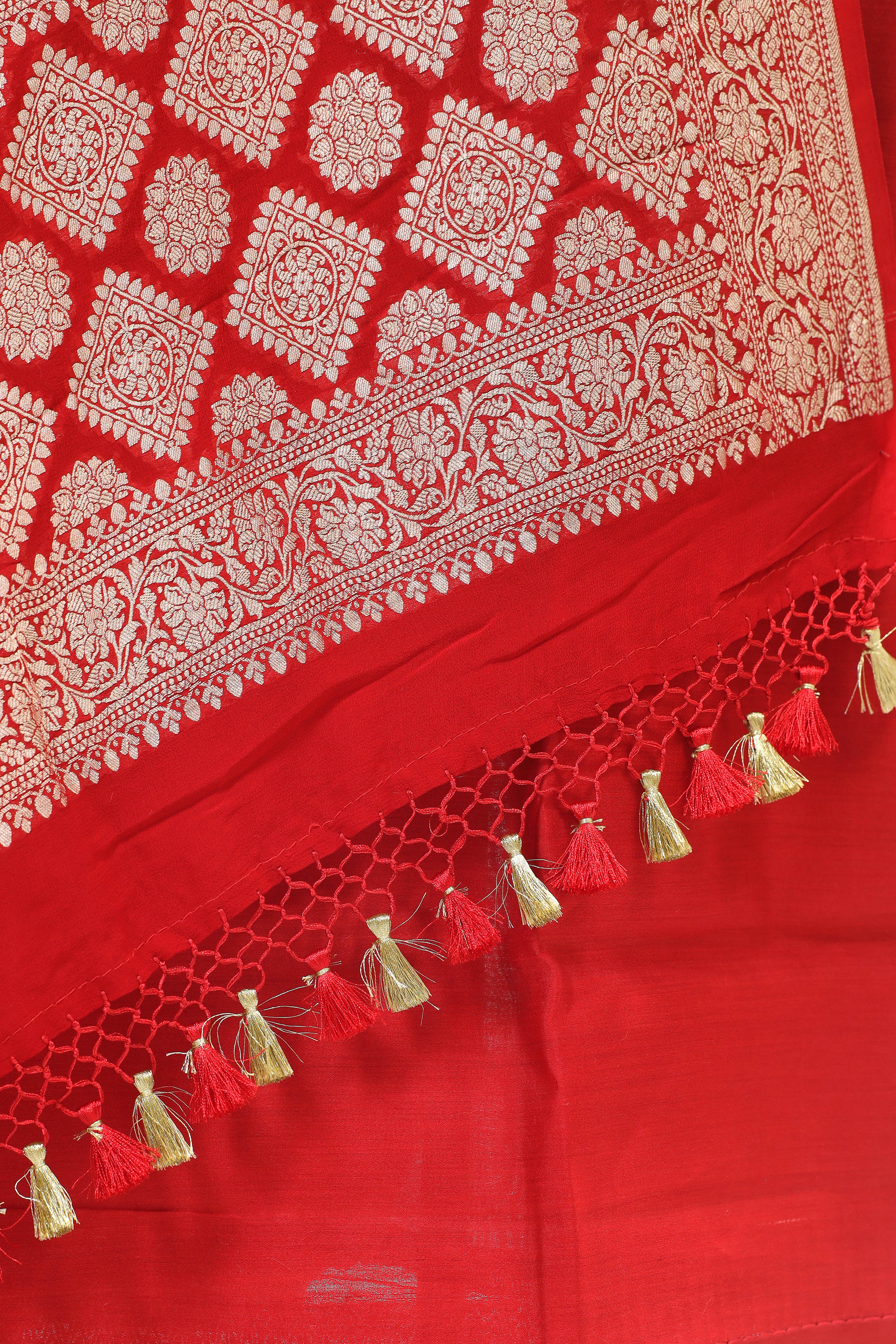 Red Chiniya Silk Suit Set with Georgette Khaddi Dupatta