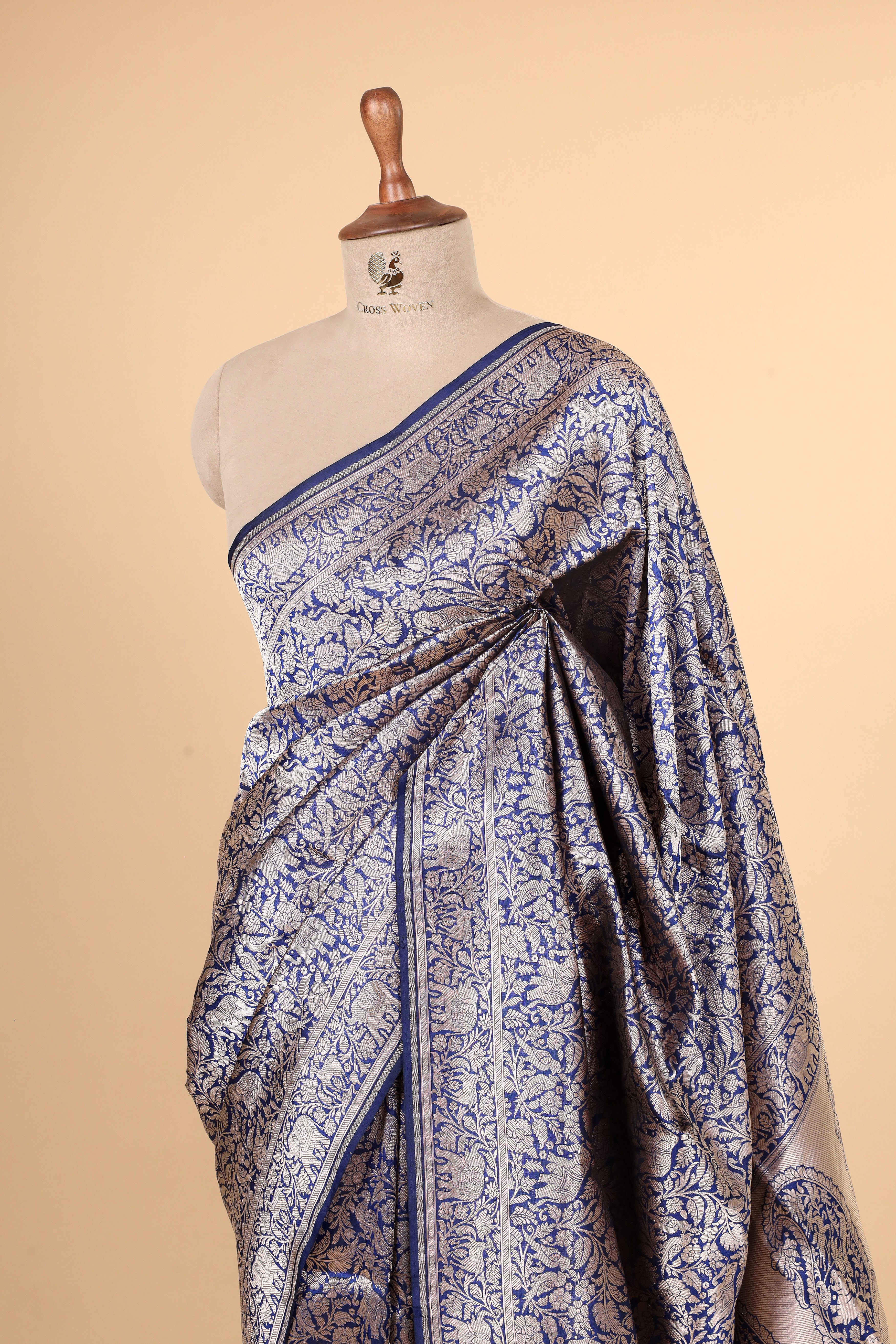 Navy Blue Shikarghah Handwoven Pure Banarasi Katan Silk Saree