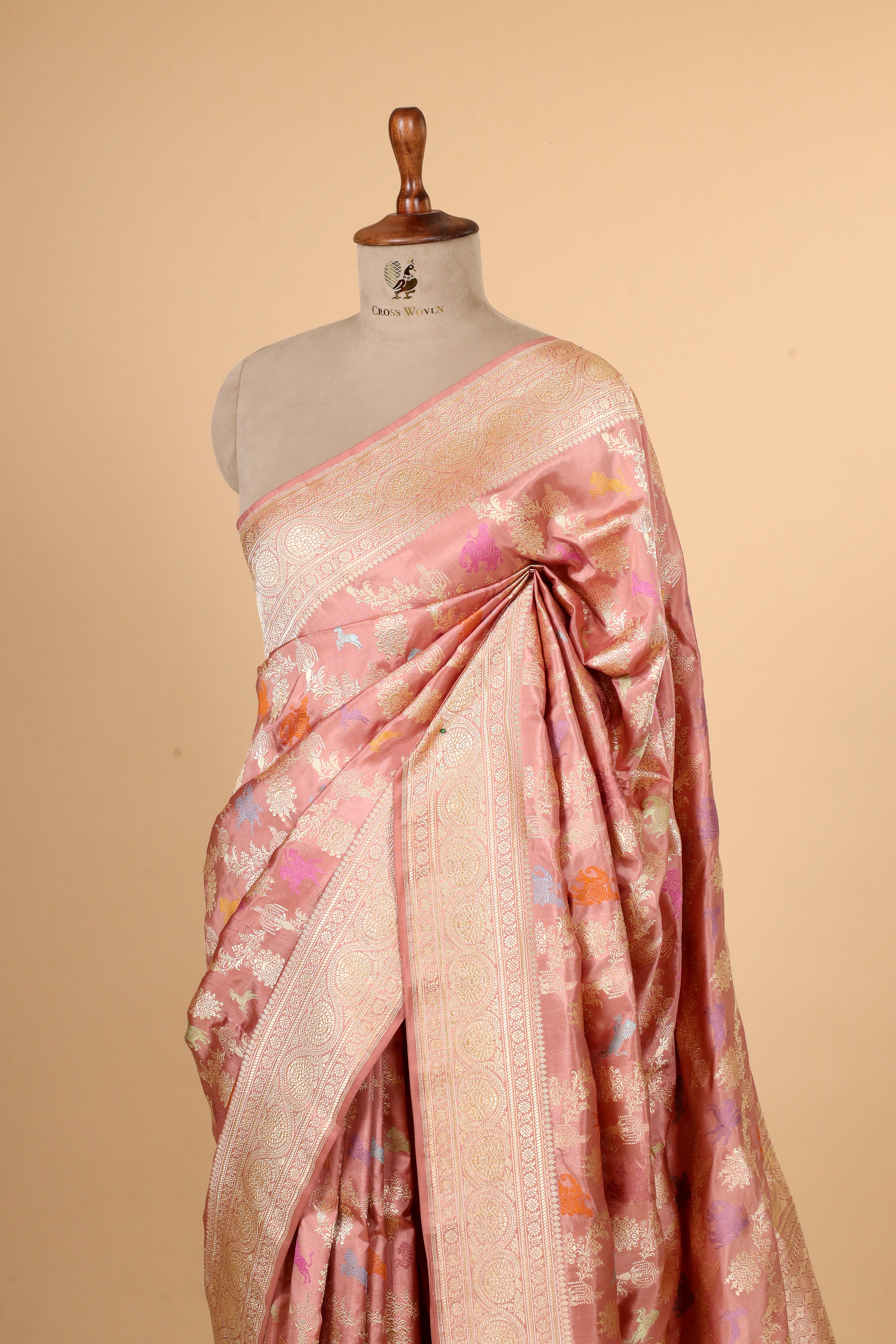 Peach Shikarghah Meenakari Handwoven Pure Banarasi Katan Silk Saree