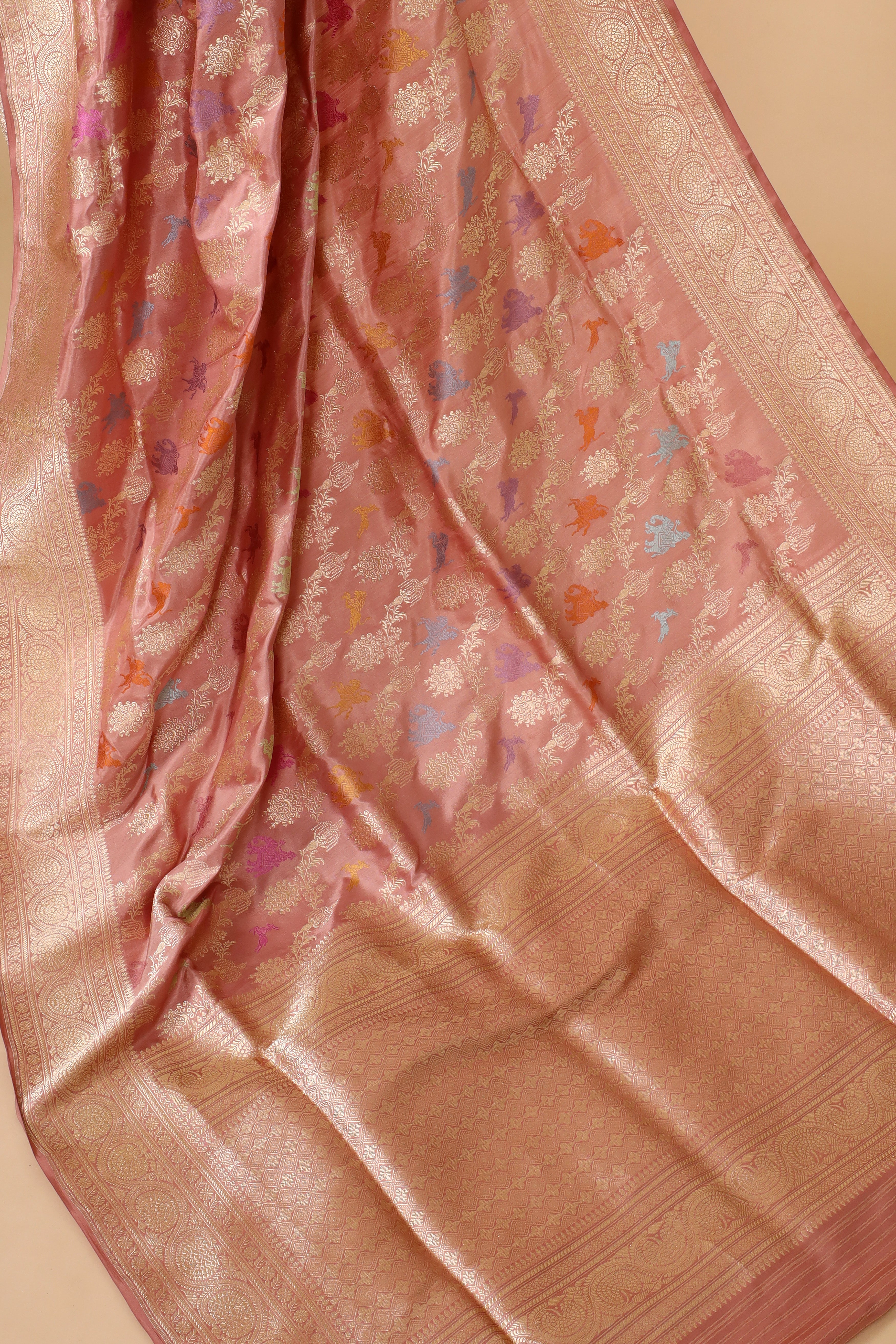 Peach Shikarghah Meenakari Handwoven Pure Banarasi Katan Silk Saree