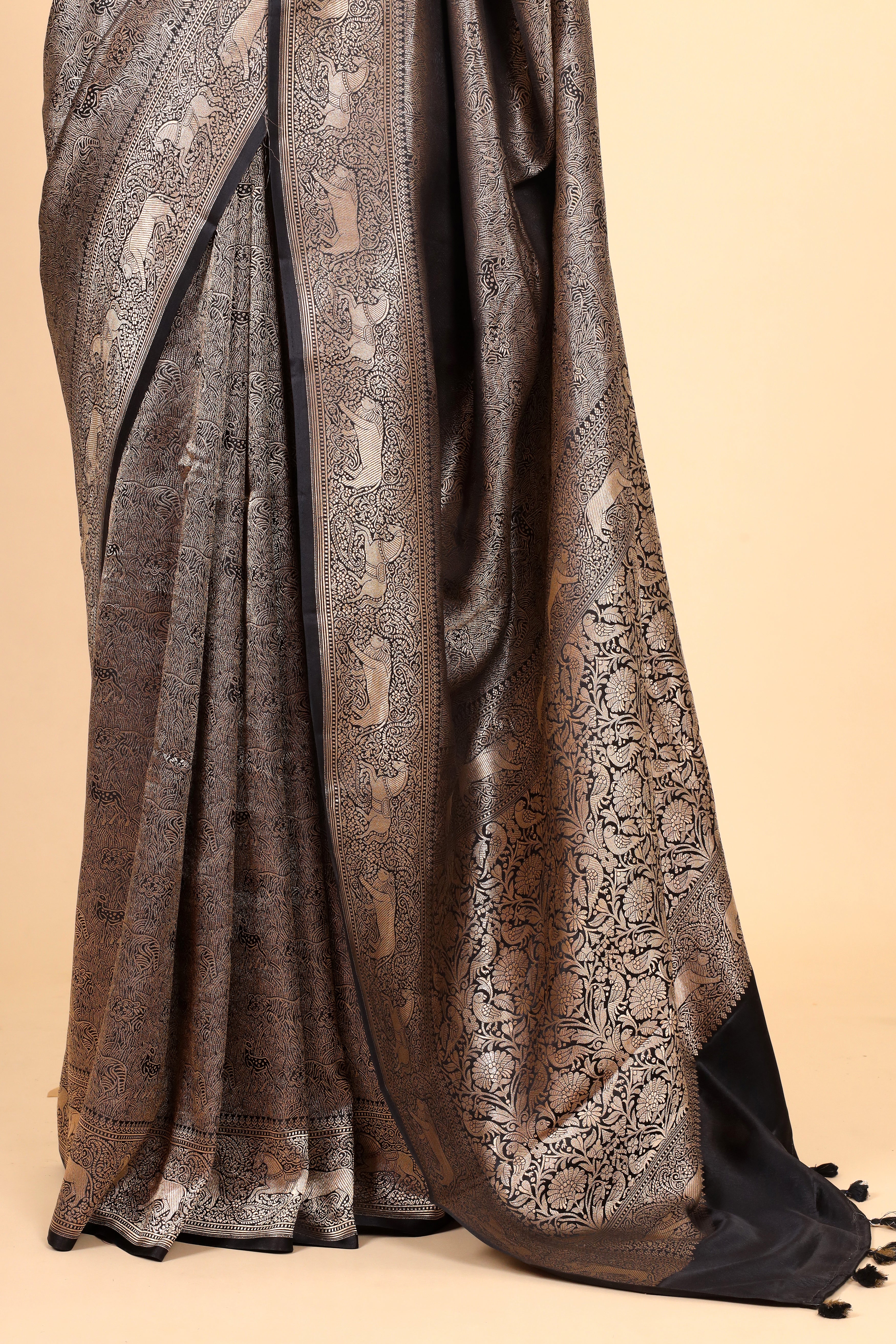 Black Mashru Silk Saree With Brocade Allover Jaal