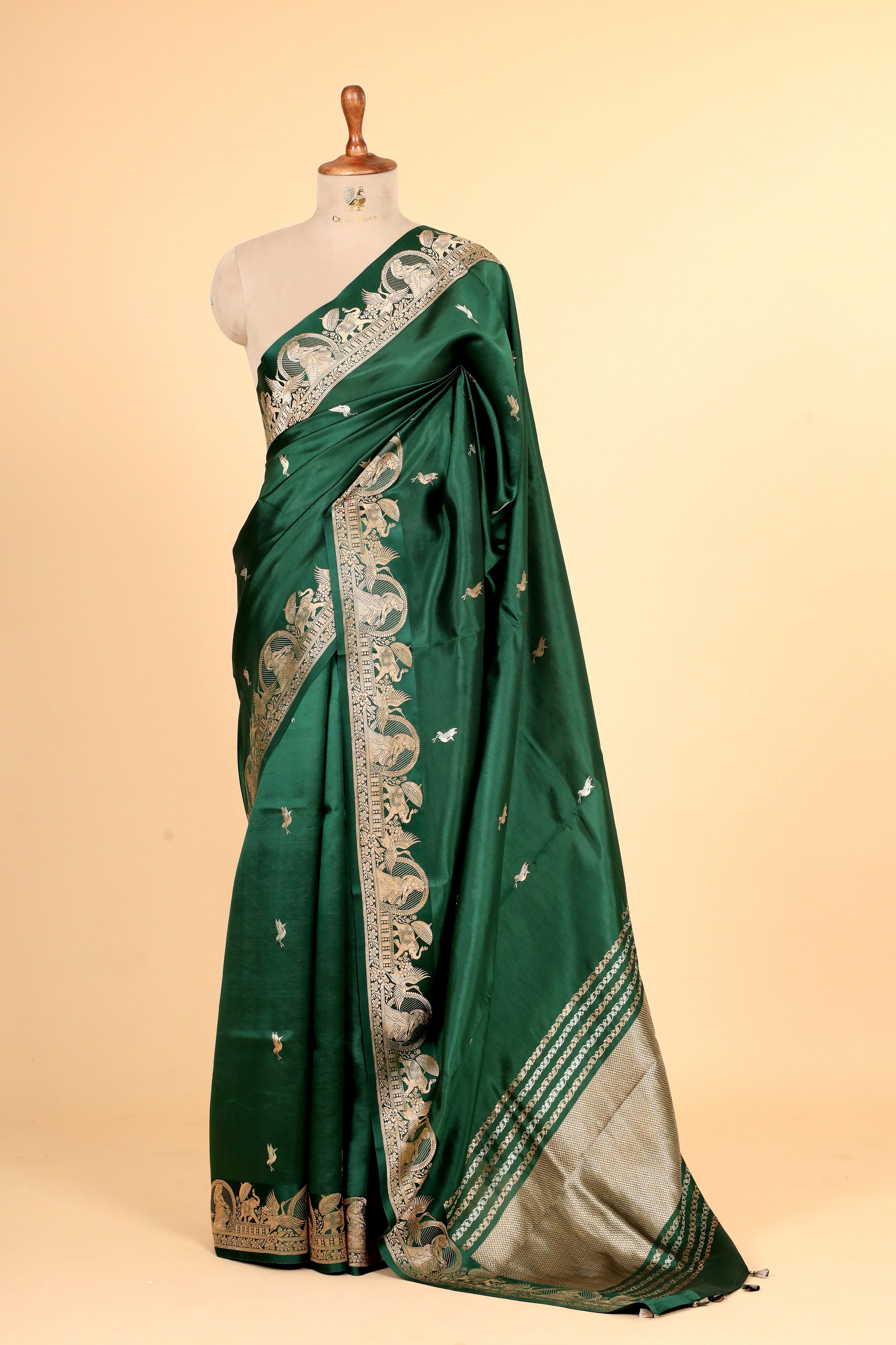 Deep Green Handwoven Pure Banarasi Soft Silk Saree