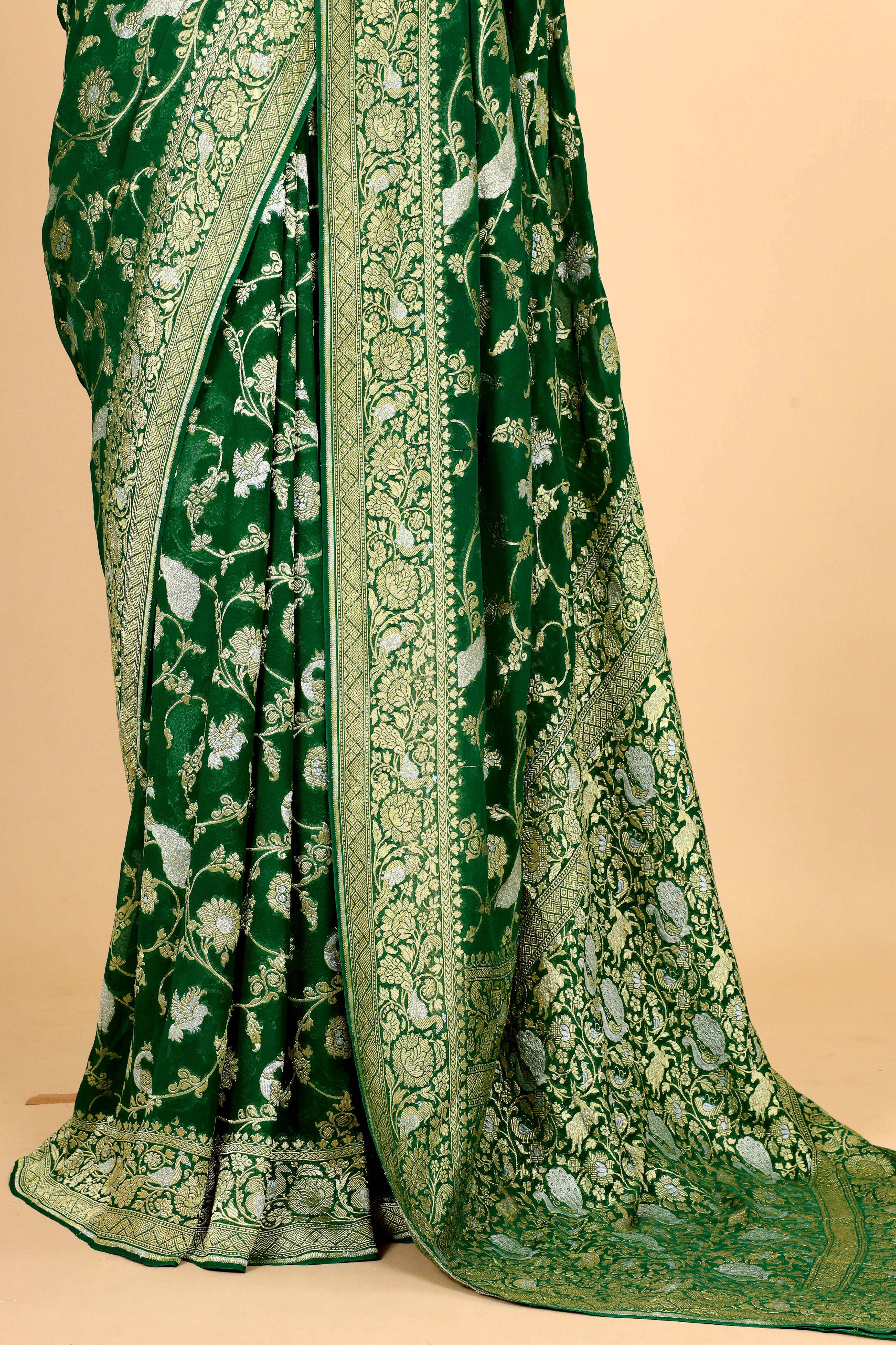 Green Georgette Khaddi Saree with Antique Zari And Shikarghah Border