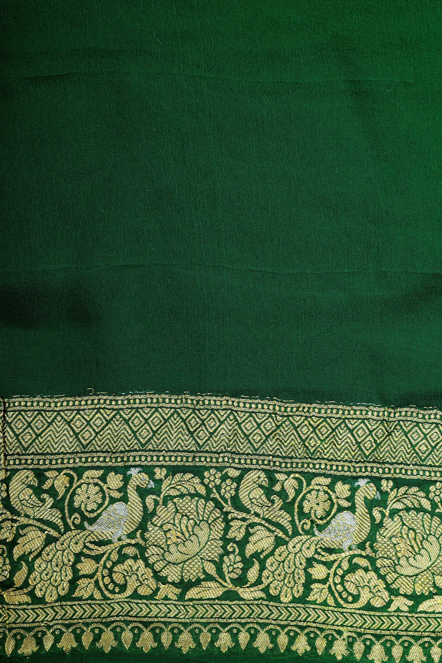 Green Georgette Khaddi Saree with Antique Zari And Shikarghah Border