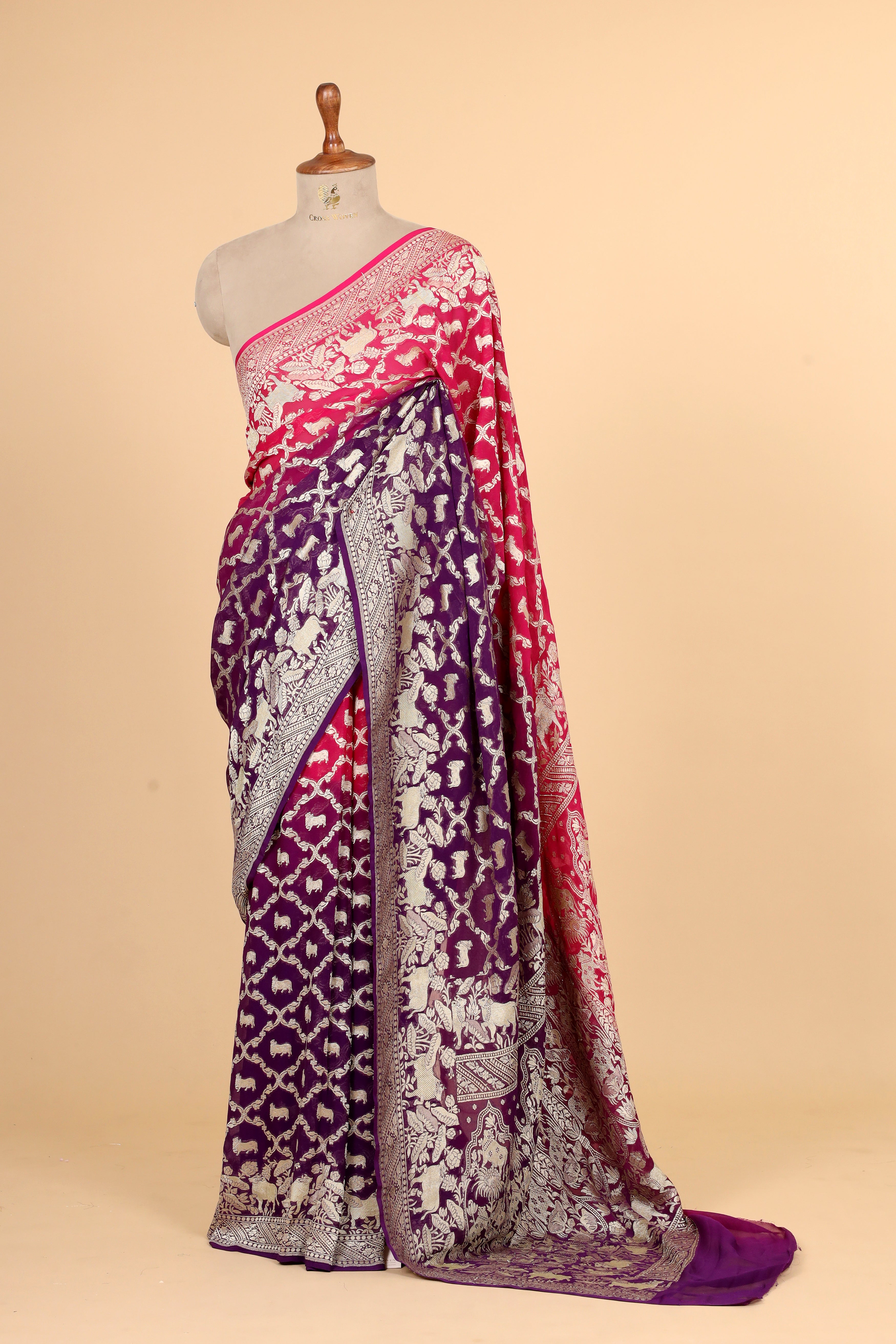 Shaded Georgette Khaddi Saree with Antique Zari And Shikargah Border