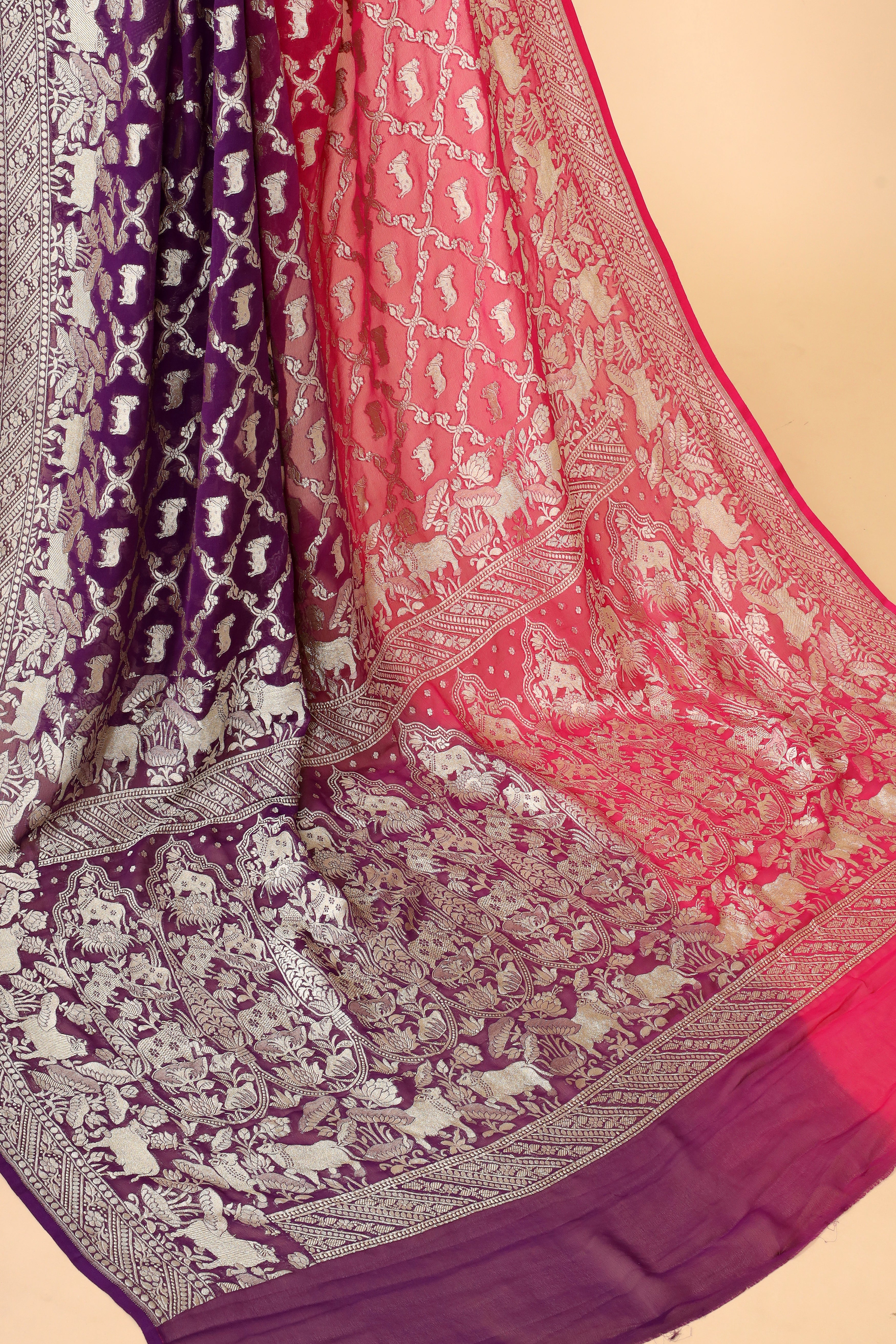 Shaded Georgette Khaddi Saree with Antique Zari And Shikargah Border