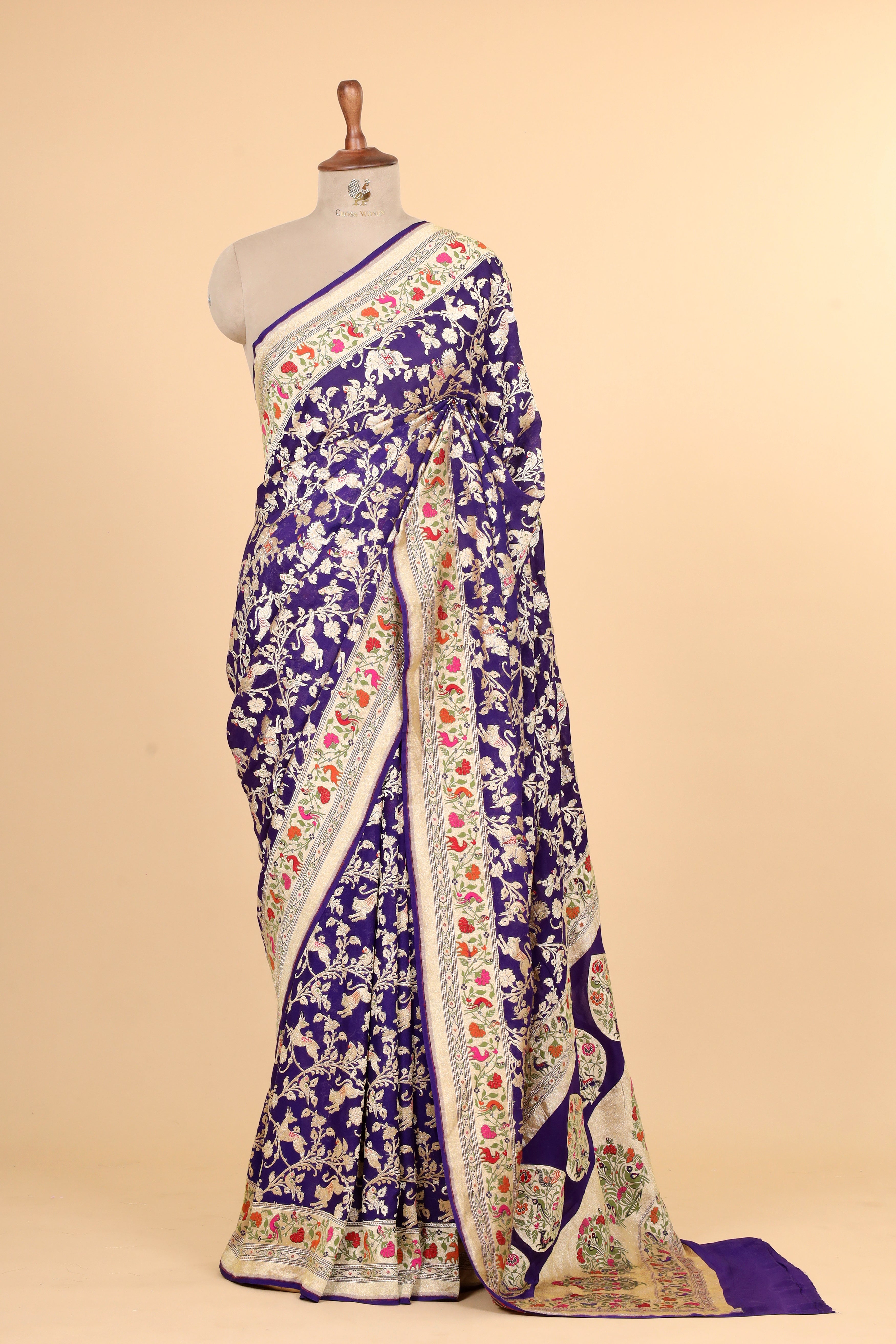 Purple Meenakari Georgette Khaddi Saree with Antique Zari And Shikarghah Border