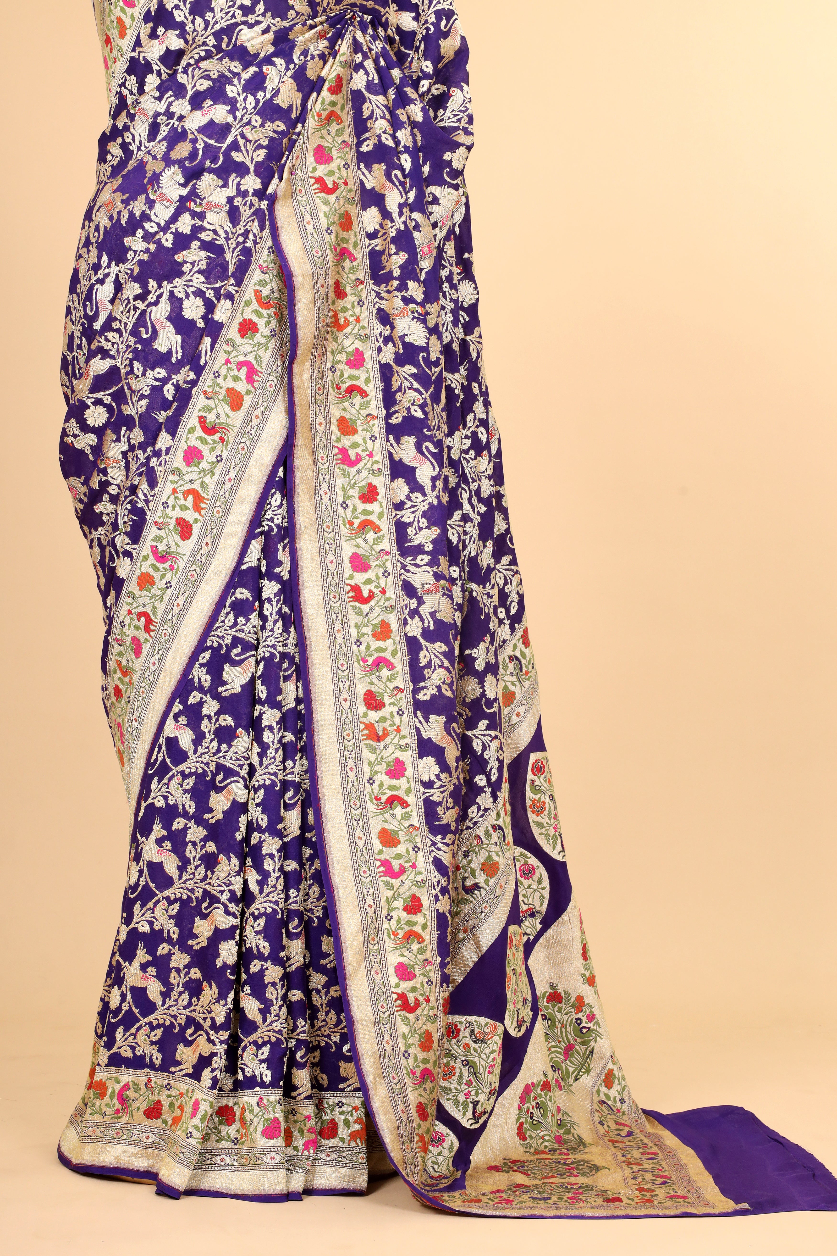 Purple Meenakari Georgette Khaddi Saree with Antique Zari And Shikarghah Border