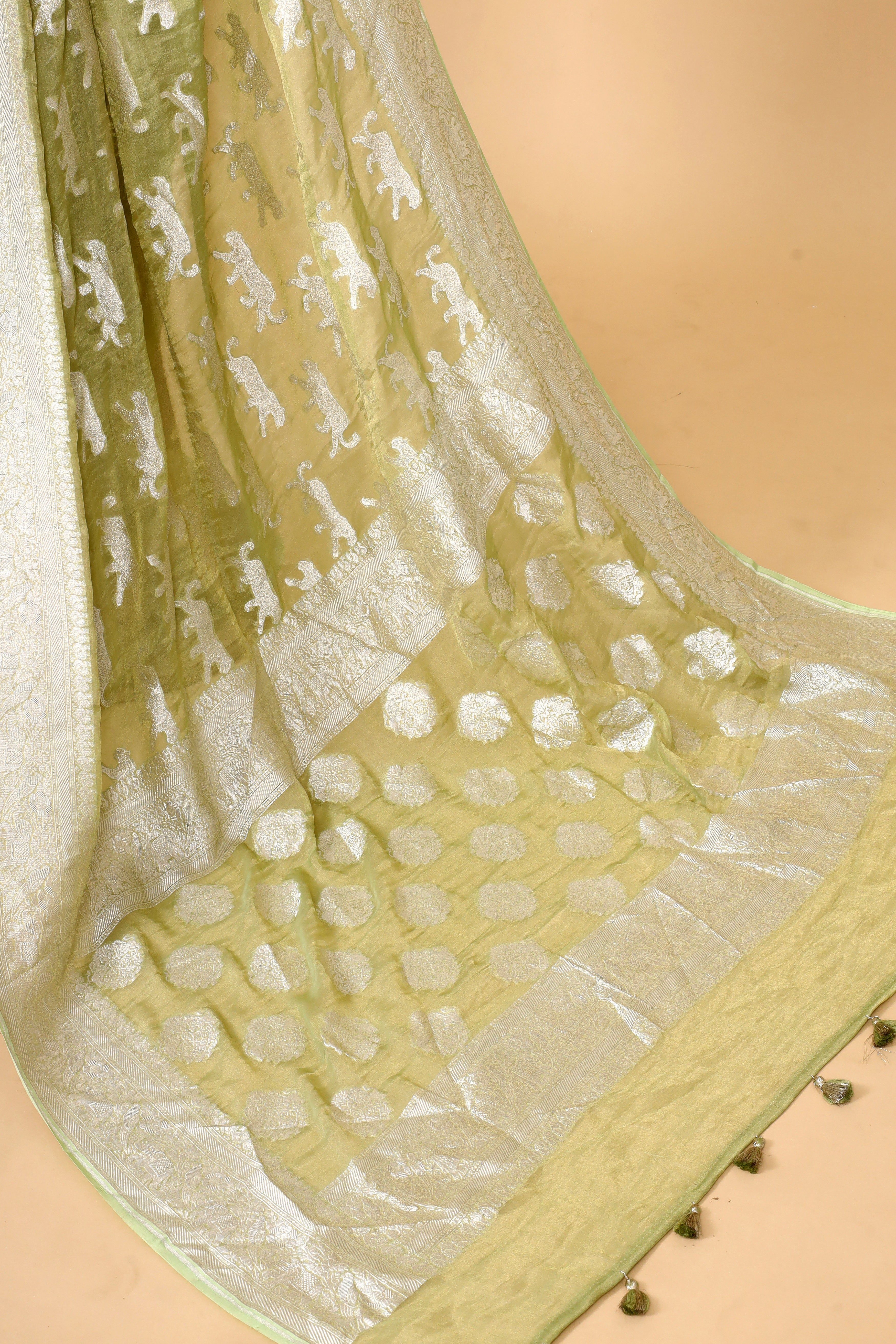 Pista Green Tissue Georgette Saree with Shikarghah Border