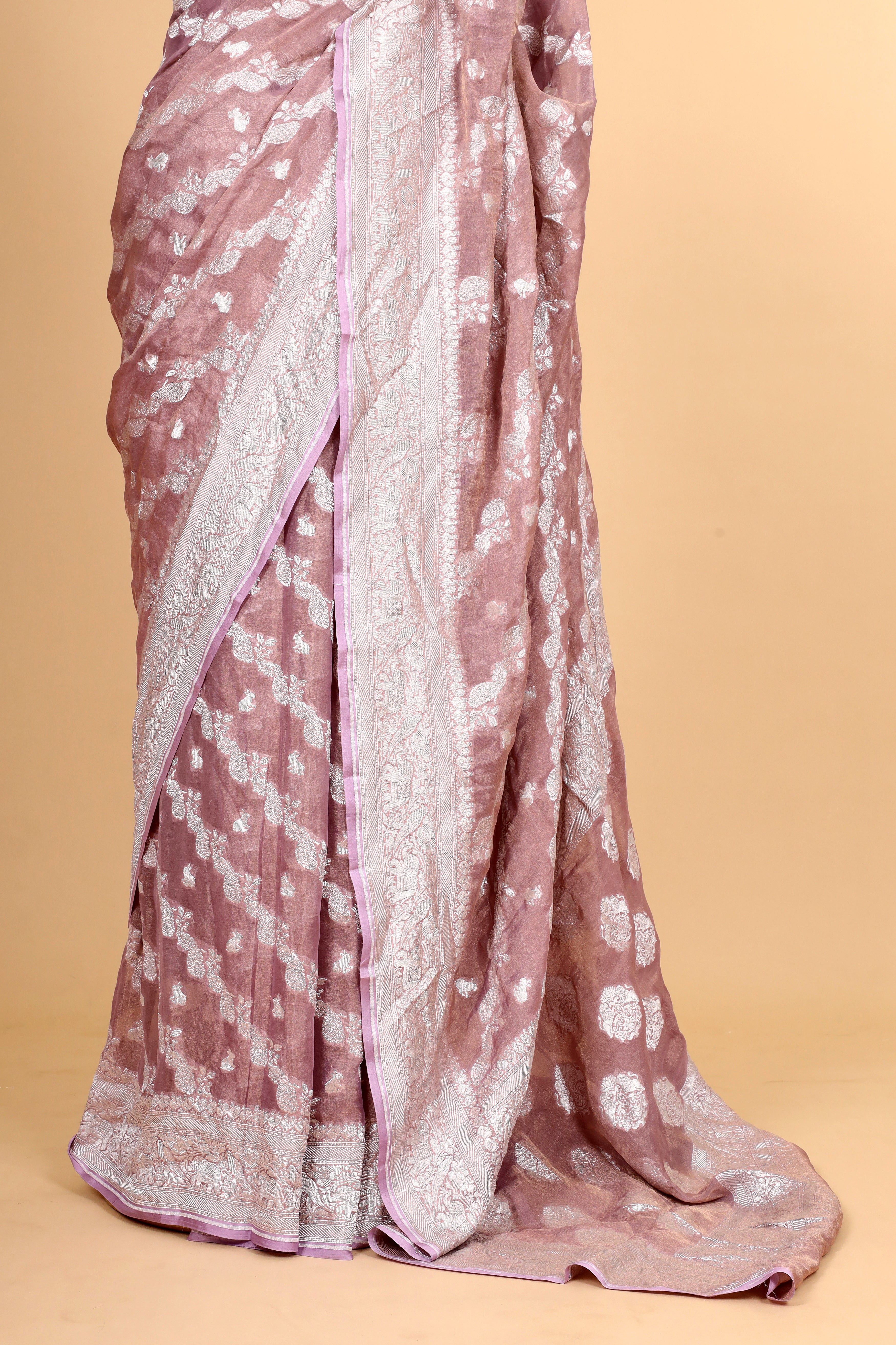 Dusty Pink Tissue Georgette Saree with Shikarghah Border