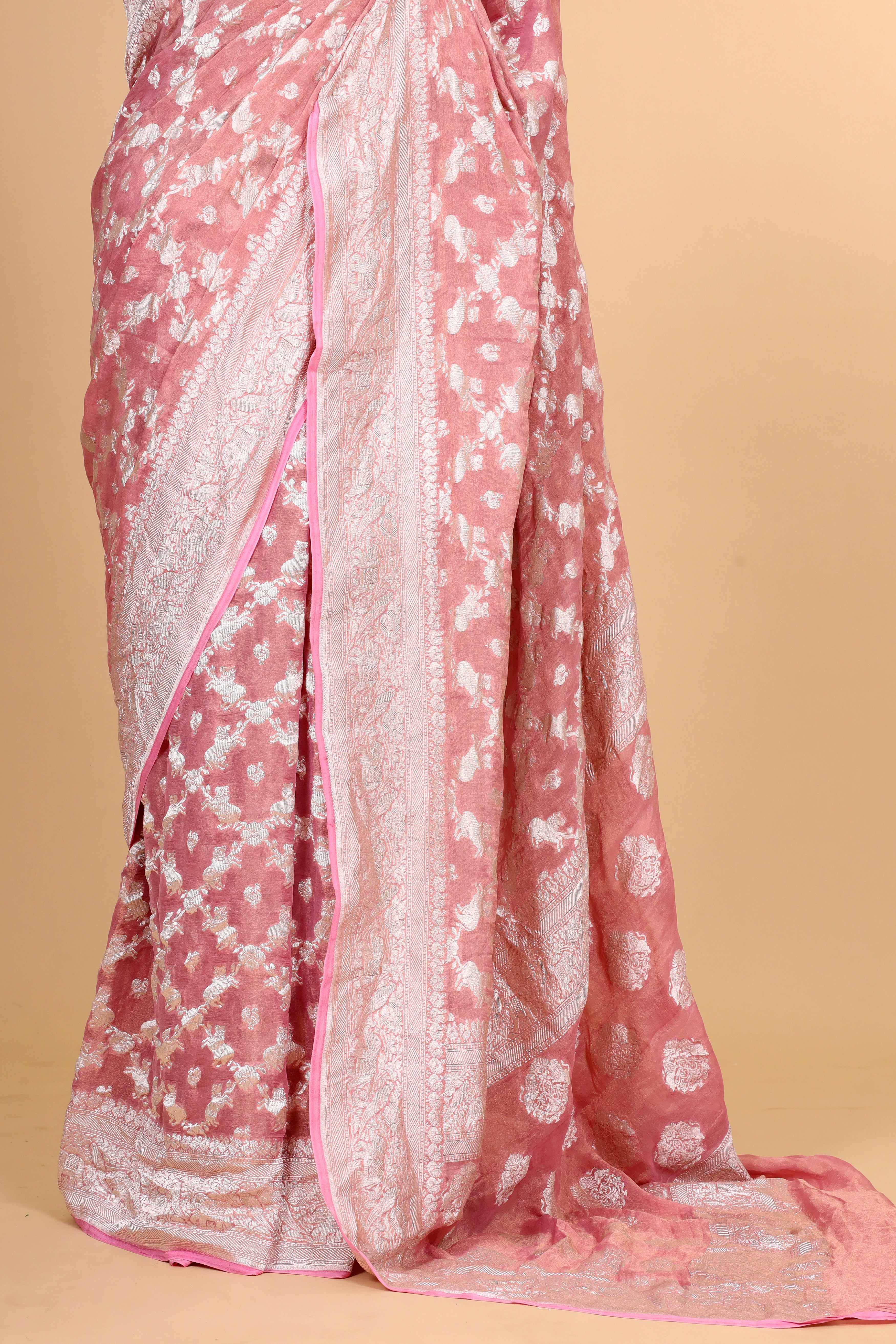 Rose Pink Tissue Georgette Saree with Shikarghah Border