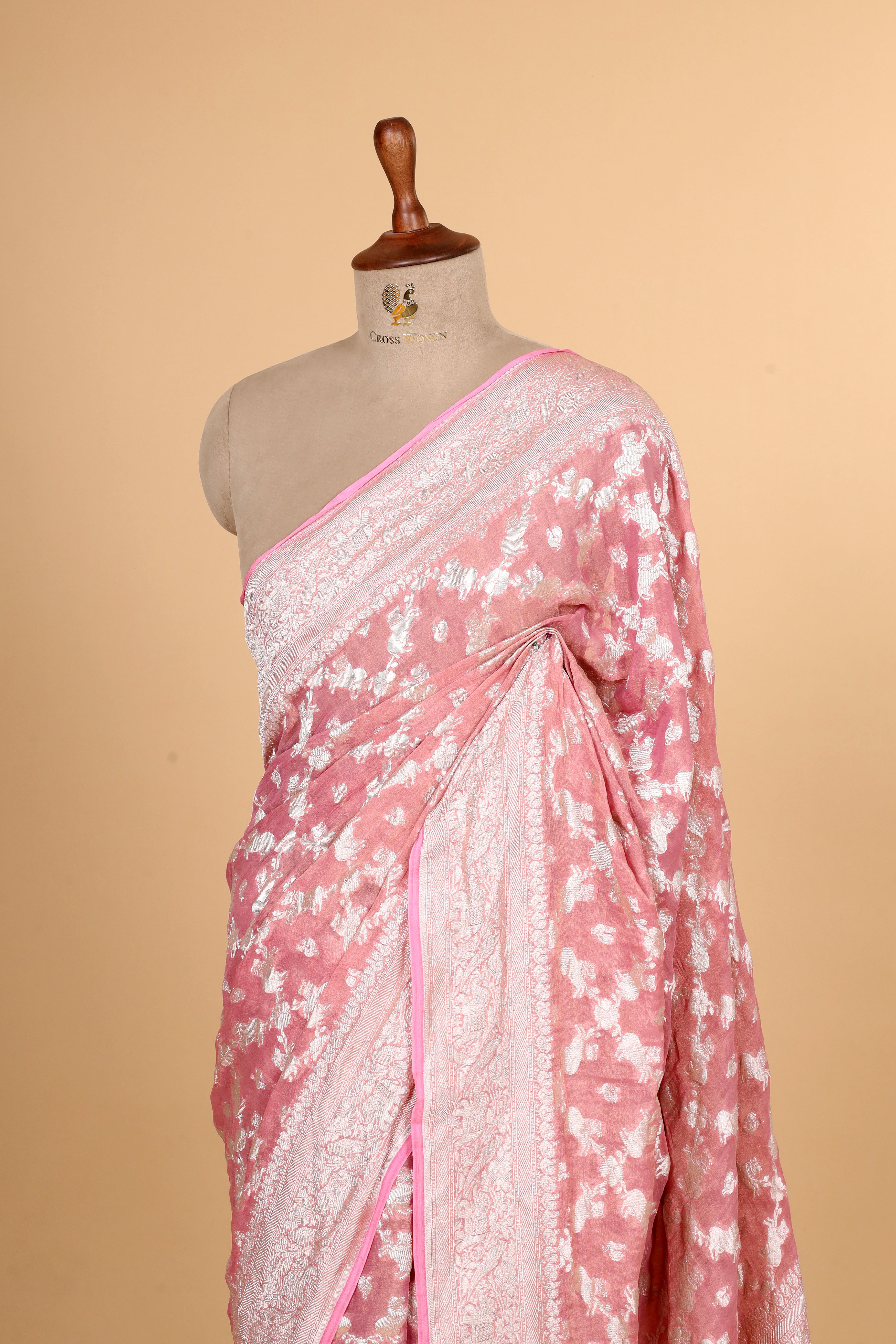 Rose Pink Tissue Georgette Saree with Shikarghah Border