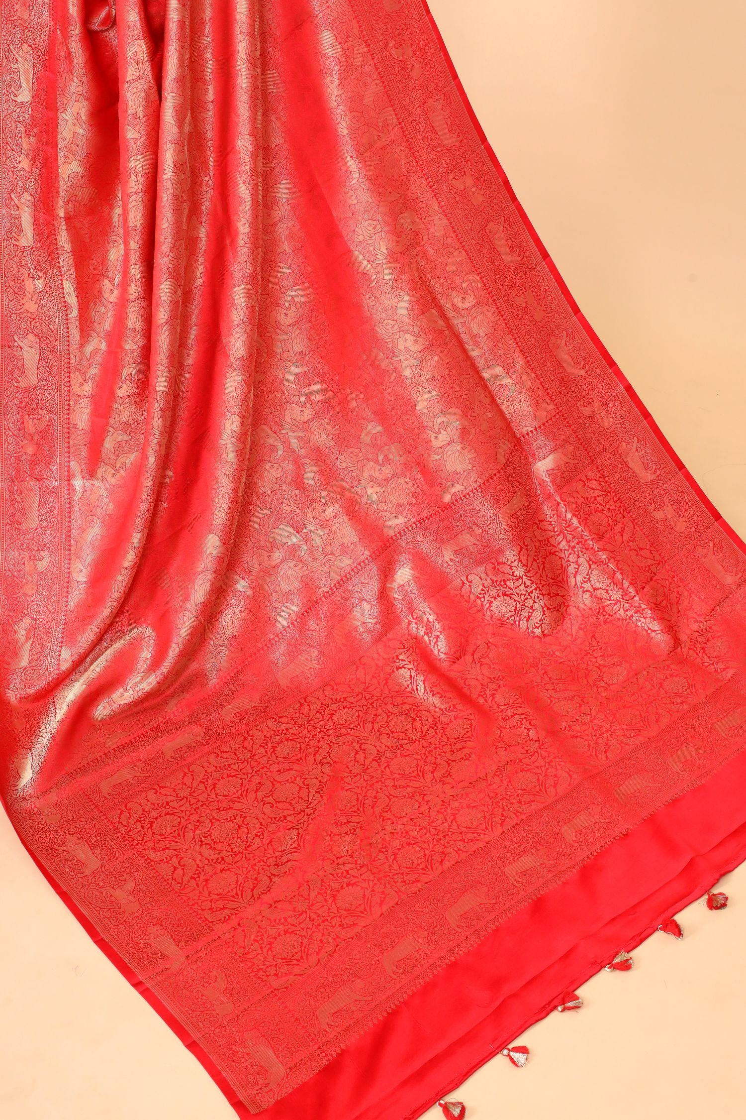 Red Mashru Silk Saree With Brocade Allover Jaal