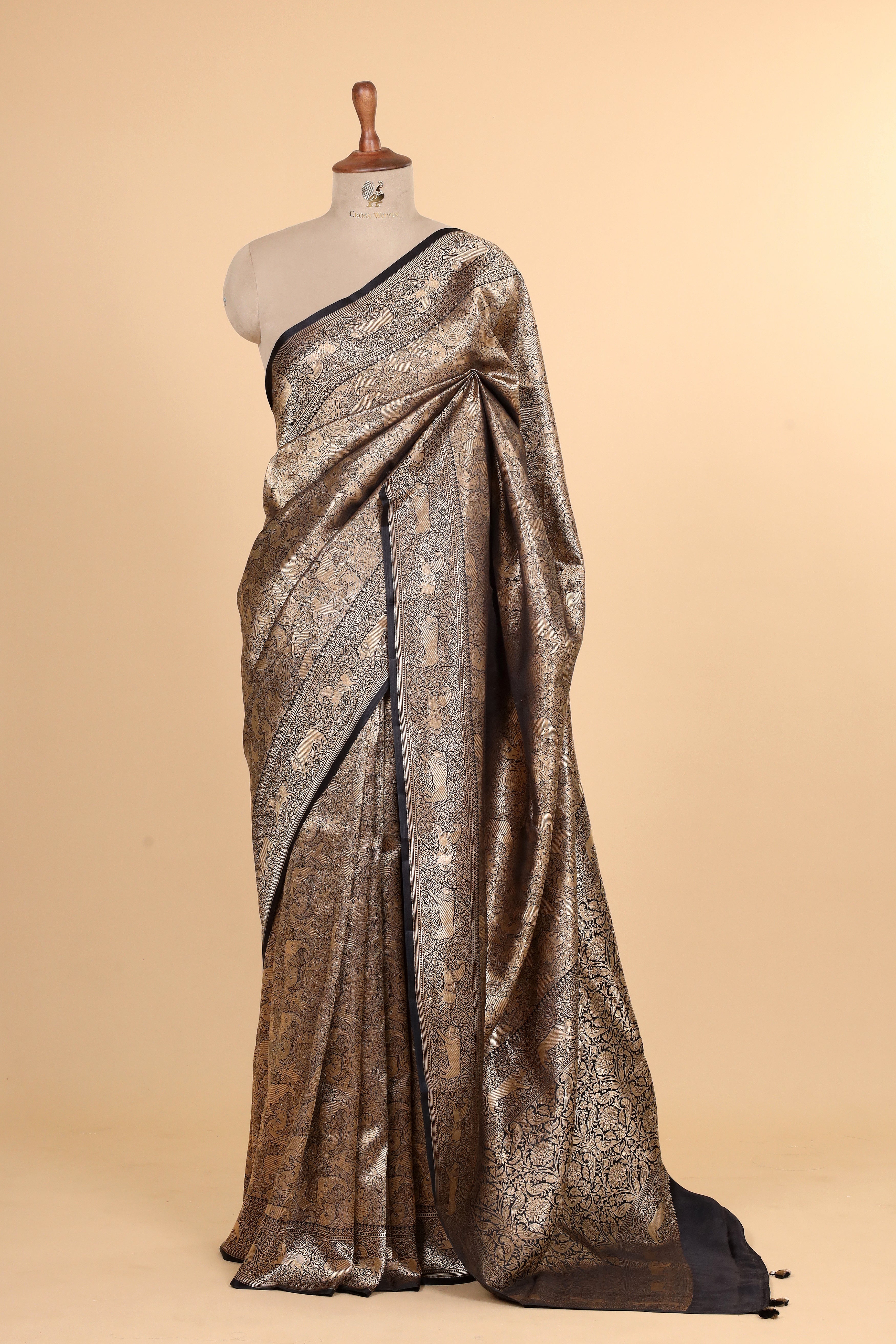 Black Mashru Silk Saree With Brocade Allover Jaal