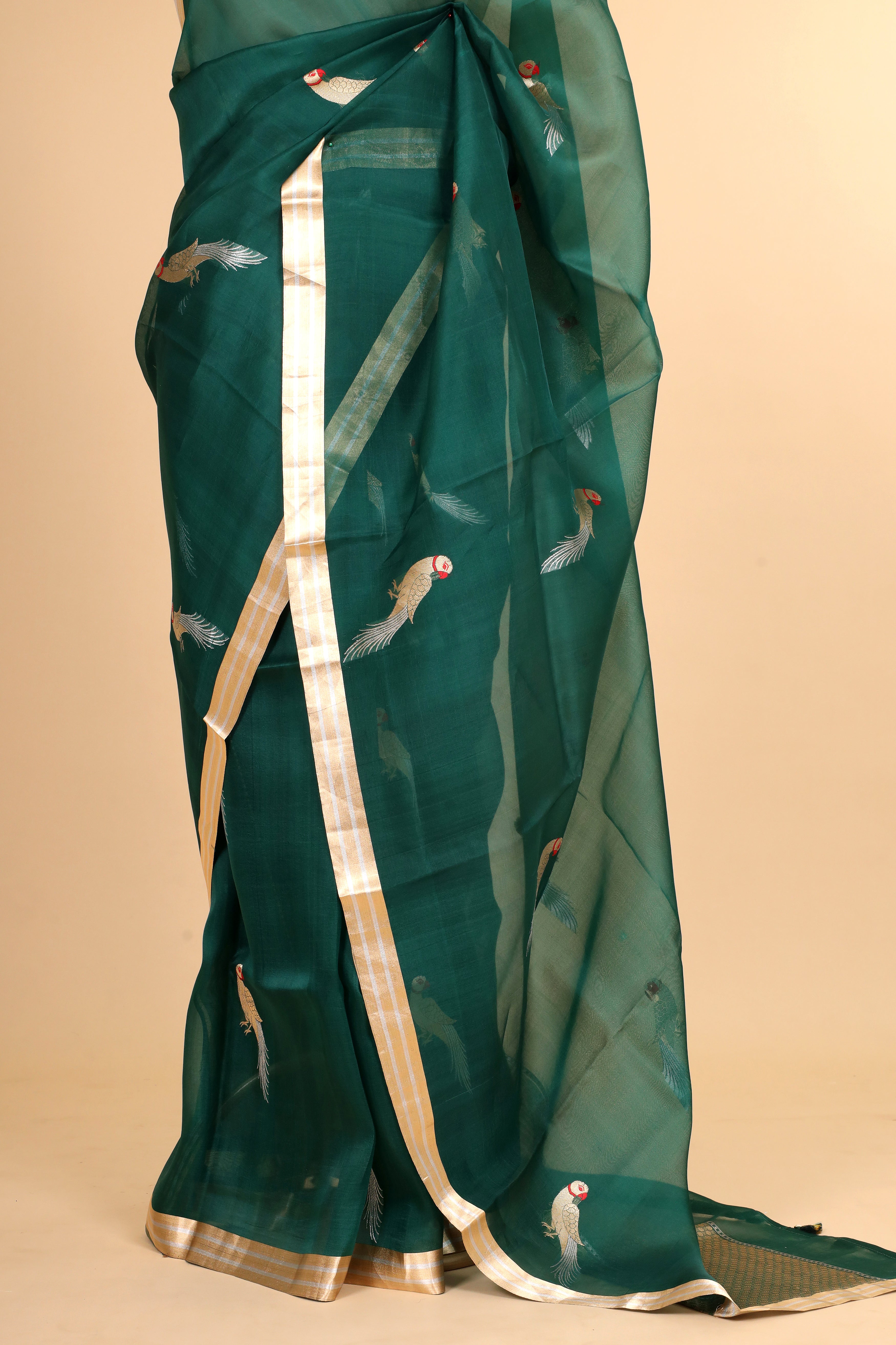 Emerald Green Banarasi Handloom Organza Silk Saree