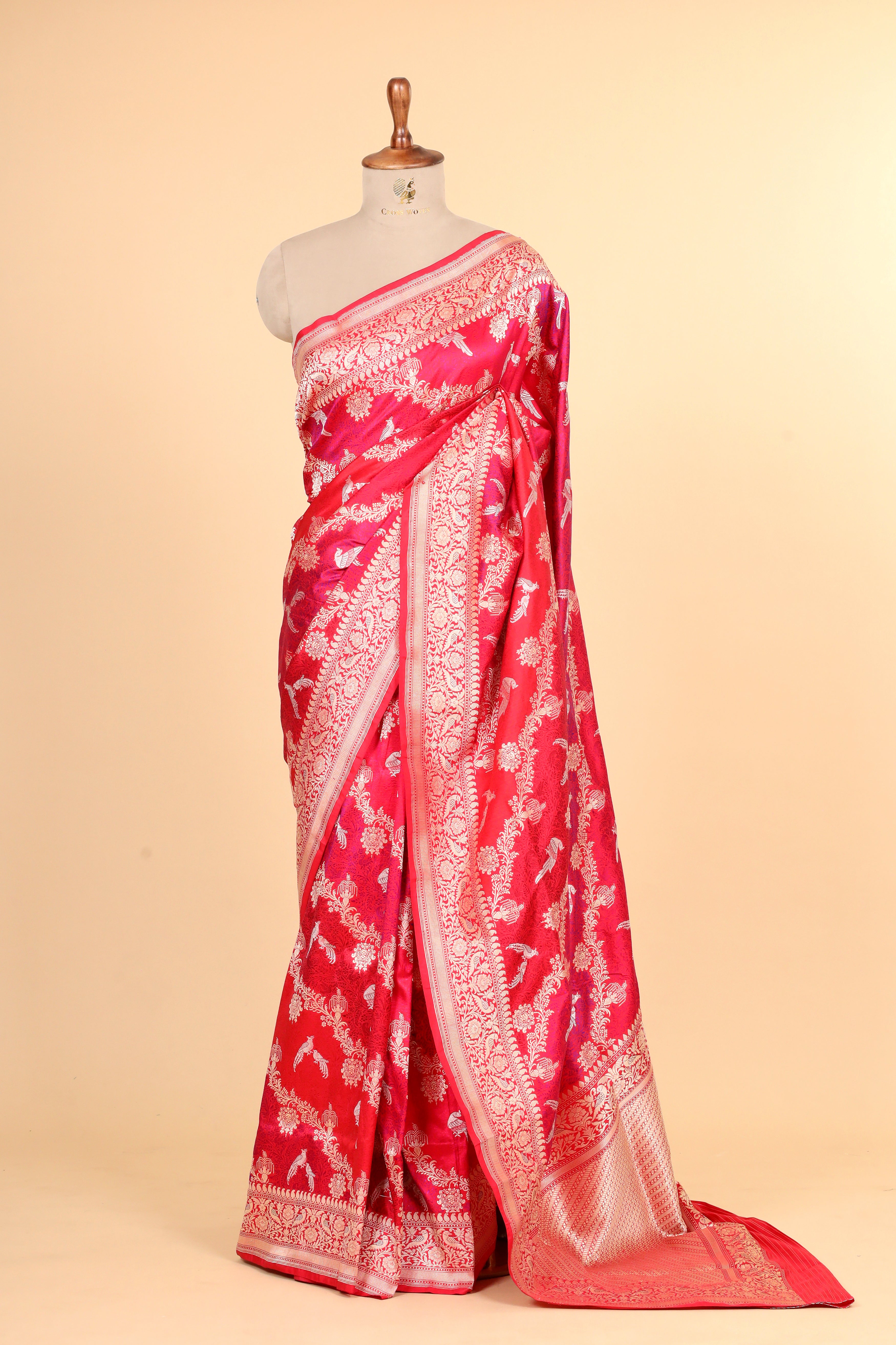 Red Shikarghah Handwoven Pure Banarasi Katan Silk Saree