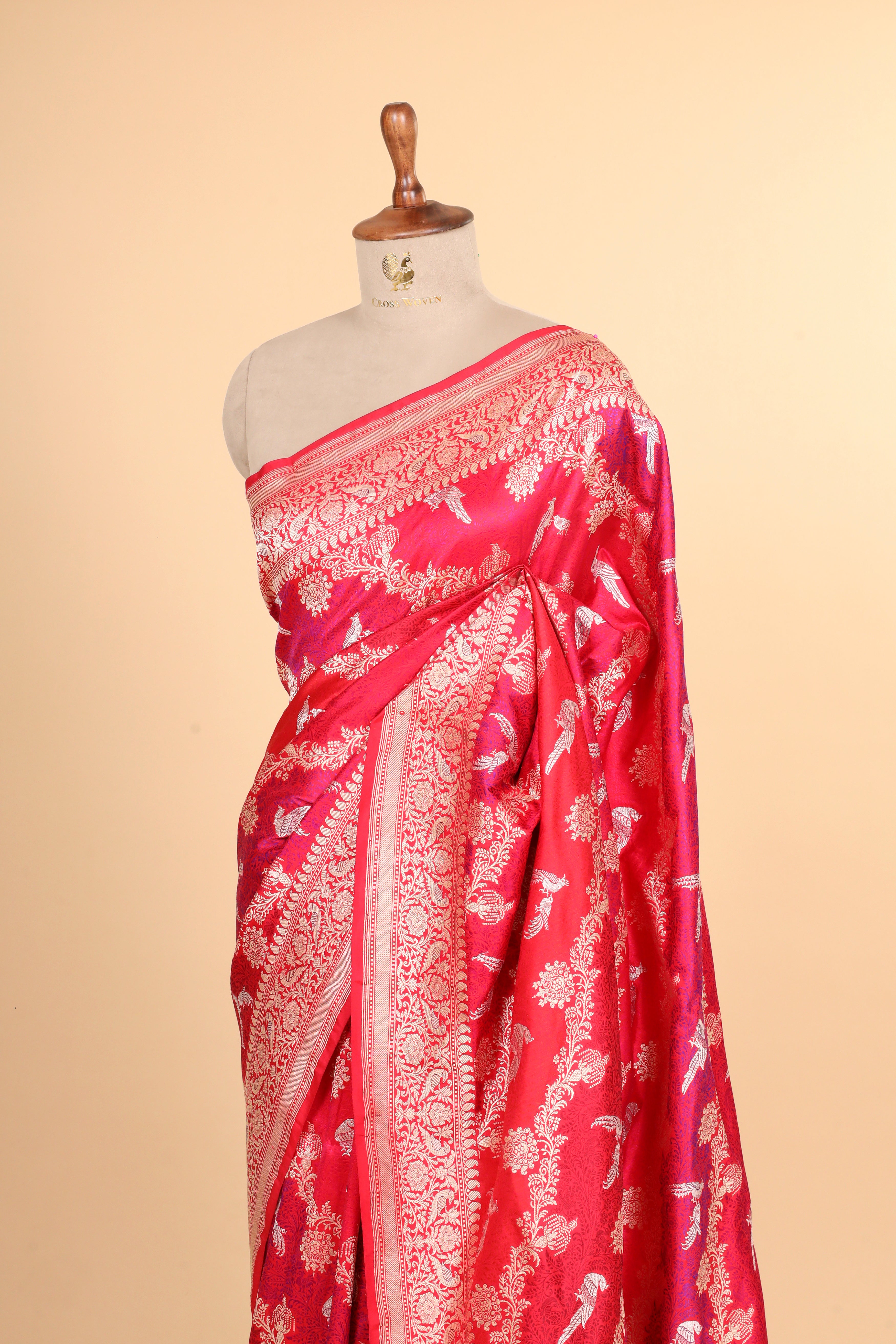 Red Shikarghah Handwoven Pure Banarasi Katan Silk Saree