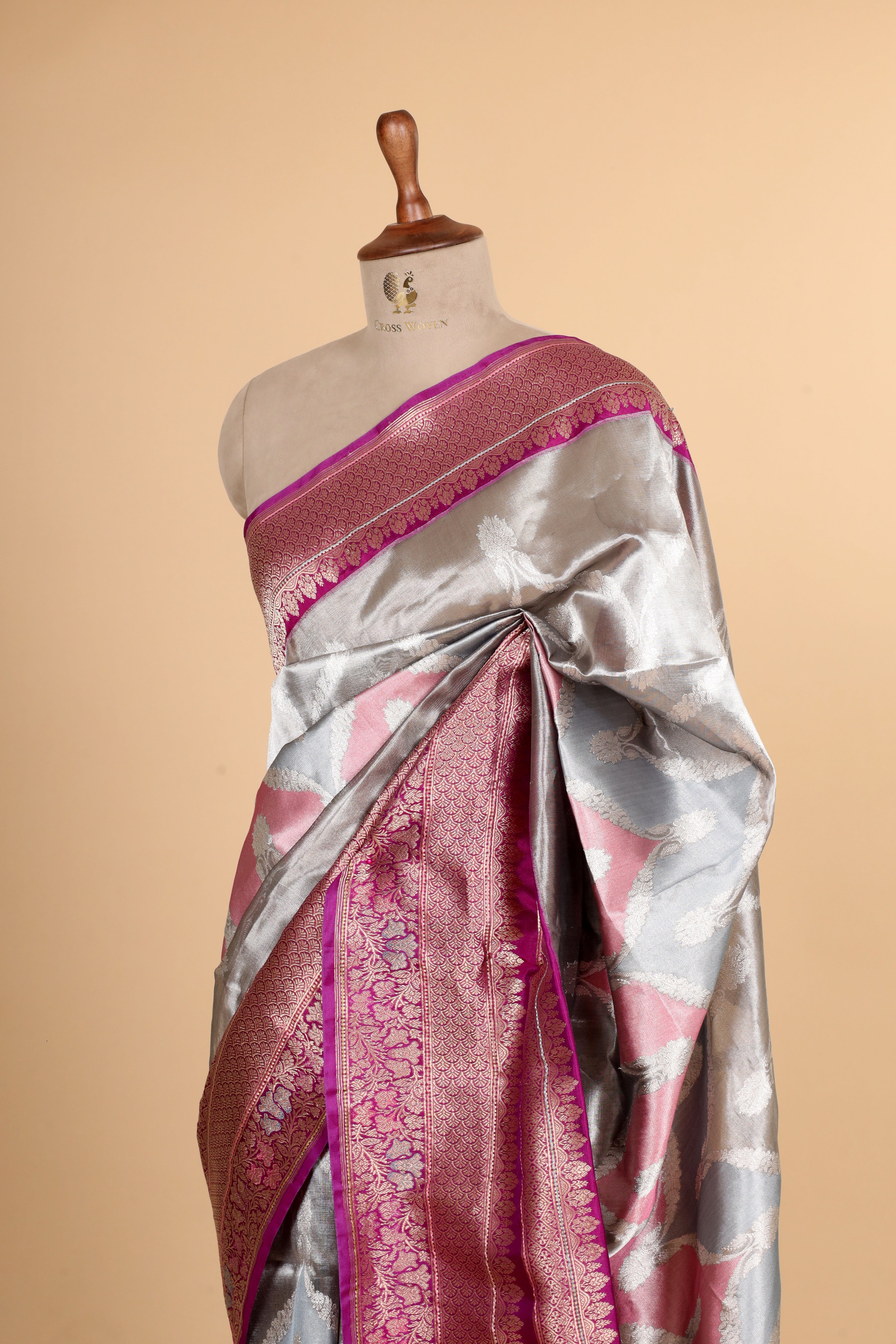 Silver Rangkaat Banarasi Handloom Tissue Silk Saree With Meenakari Katan Border