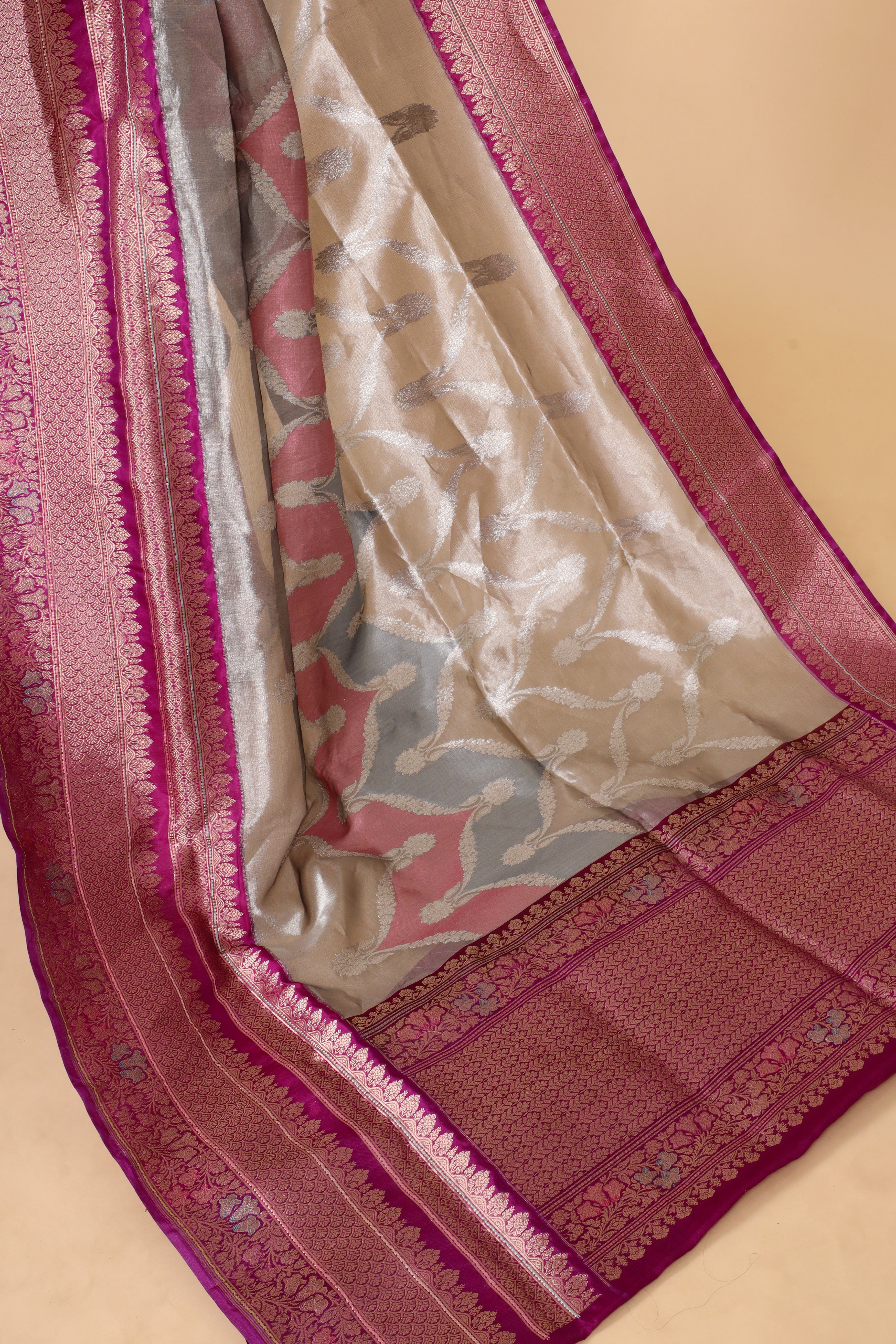 Silver Rangkaat Banarasi Handloom Tissue Silk Saree With Meenakari Katan Border