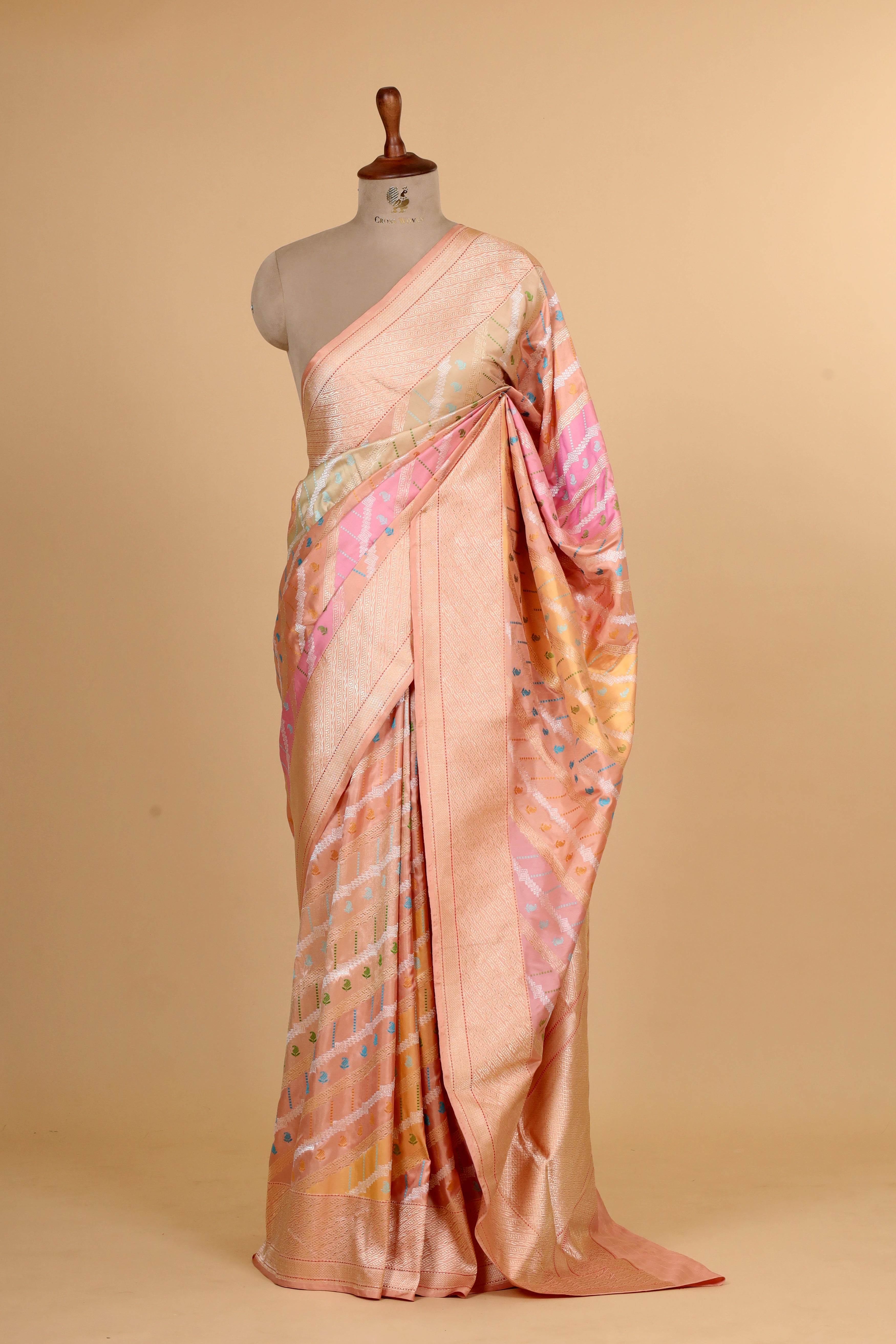 Peach Rangkaat Meenakari Banarasi Handloom Pure Katan Silk Saree