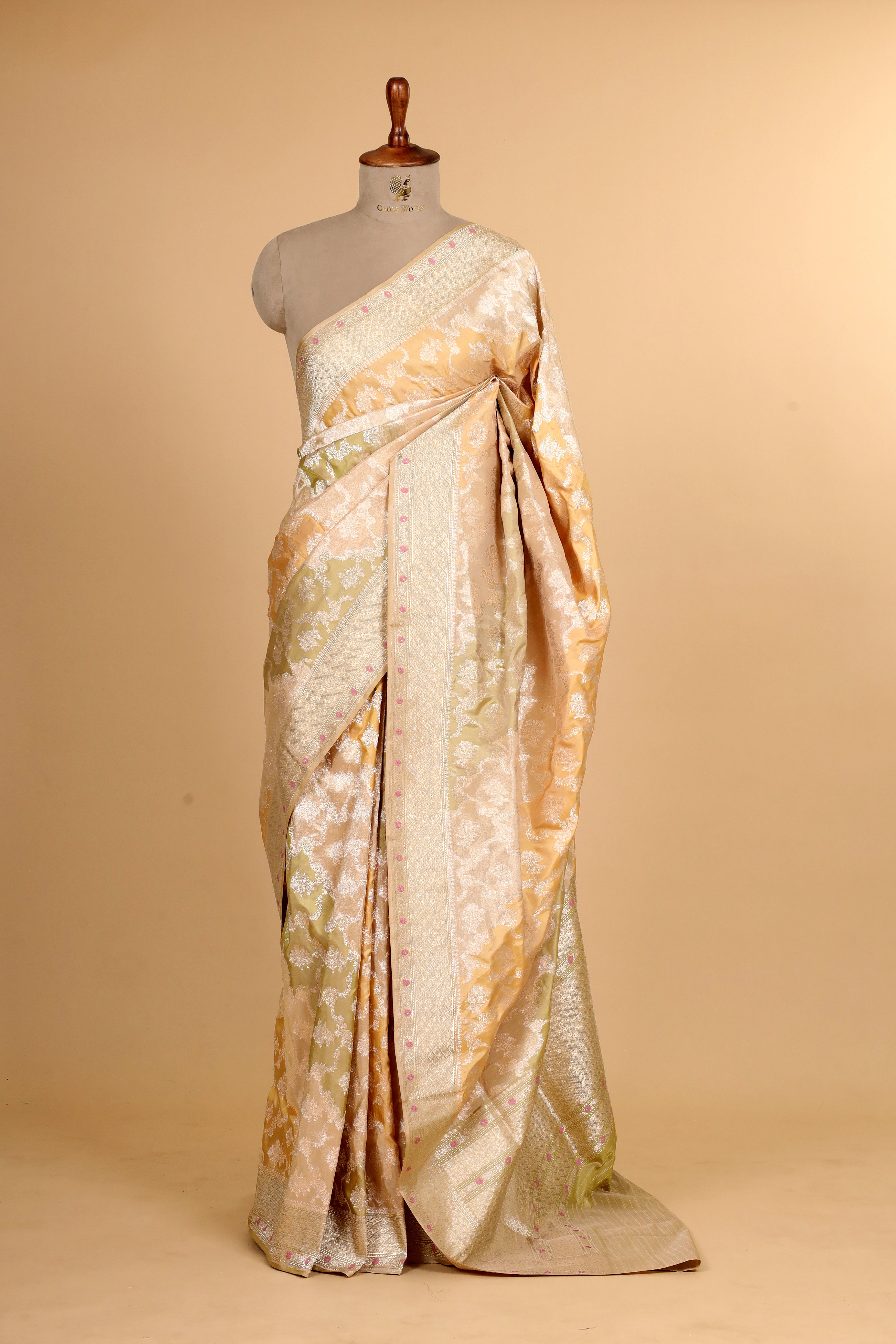 Champagne Gold Rangkaat Banarasi Handloom Tissue Silk Saree With Meenakari Katan Border