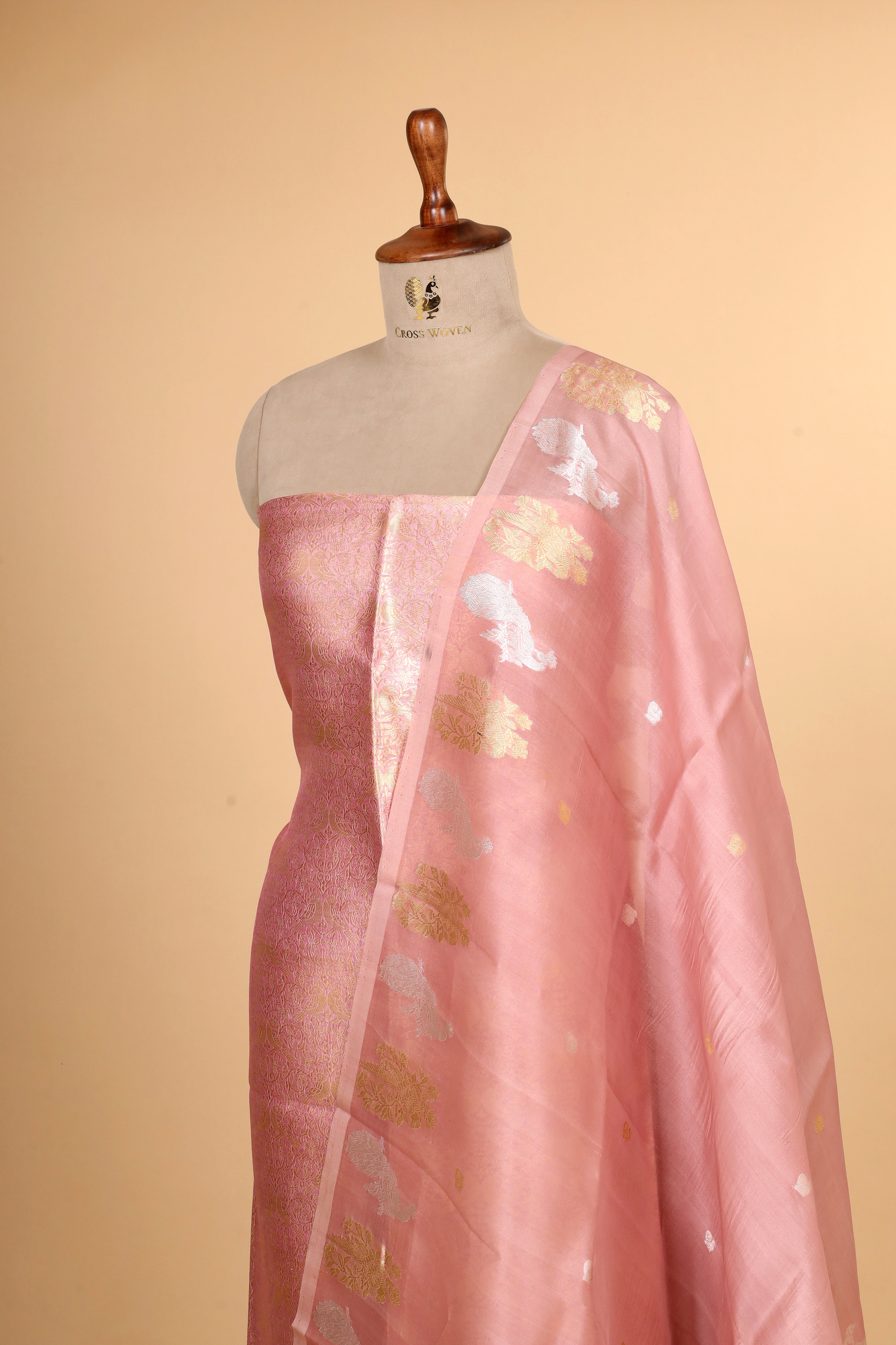 Pastel Pink Banarasi Soft Silk Suit Set With Organza Dupatta