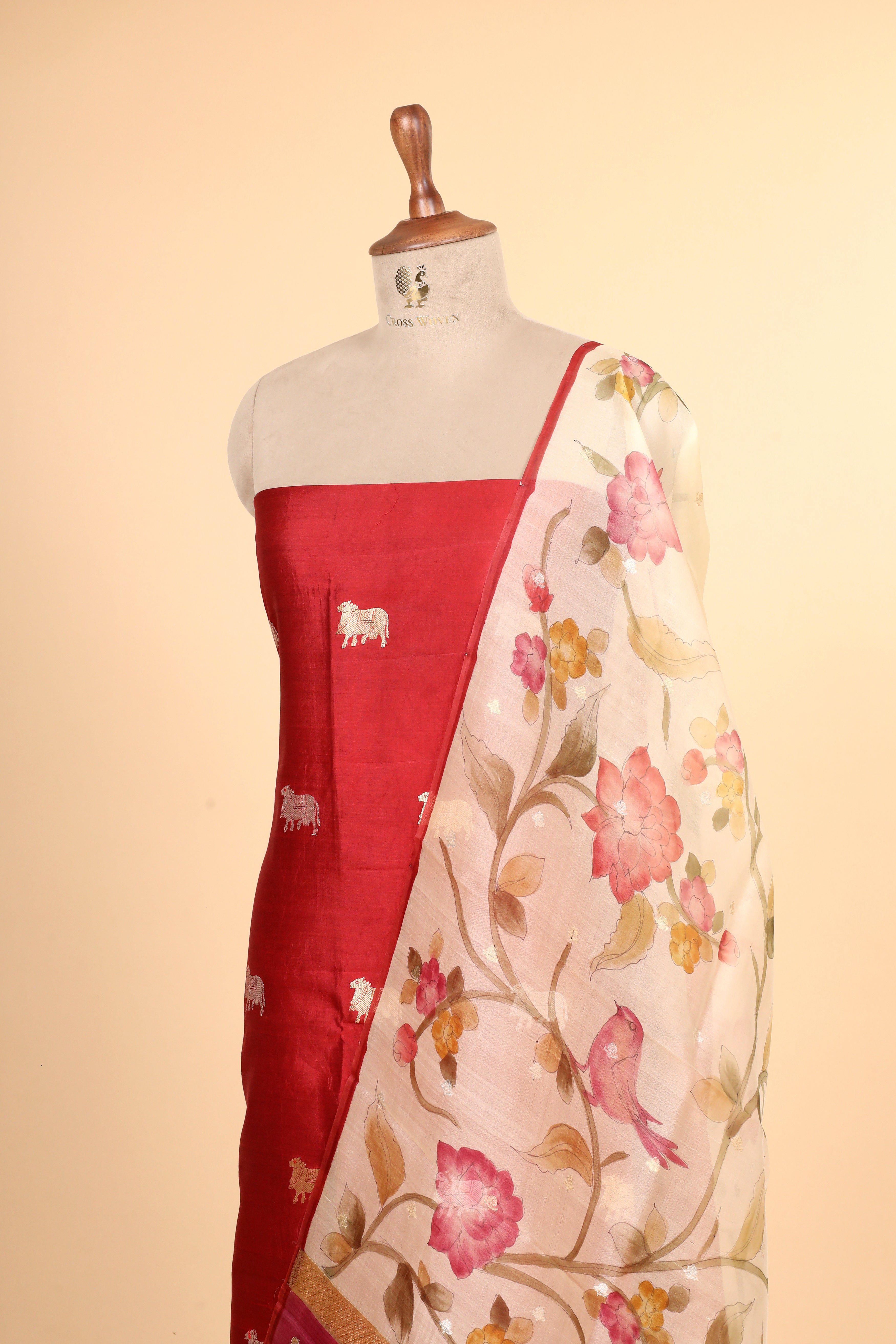 Deep Red Chiniya Silk Suit Set With Handbrush Organza Dupatta