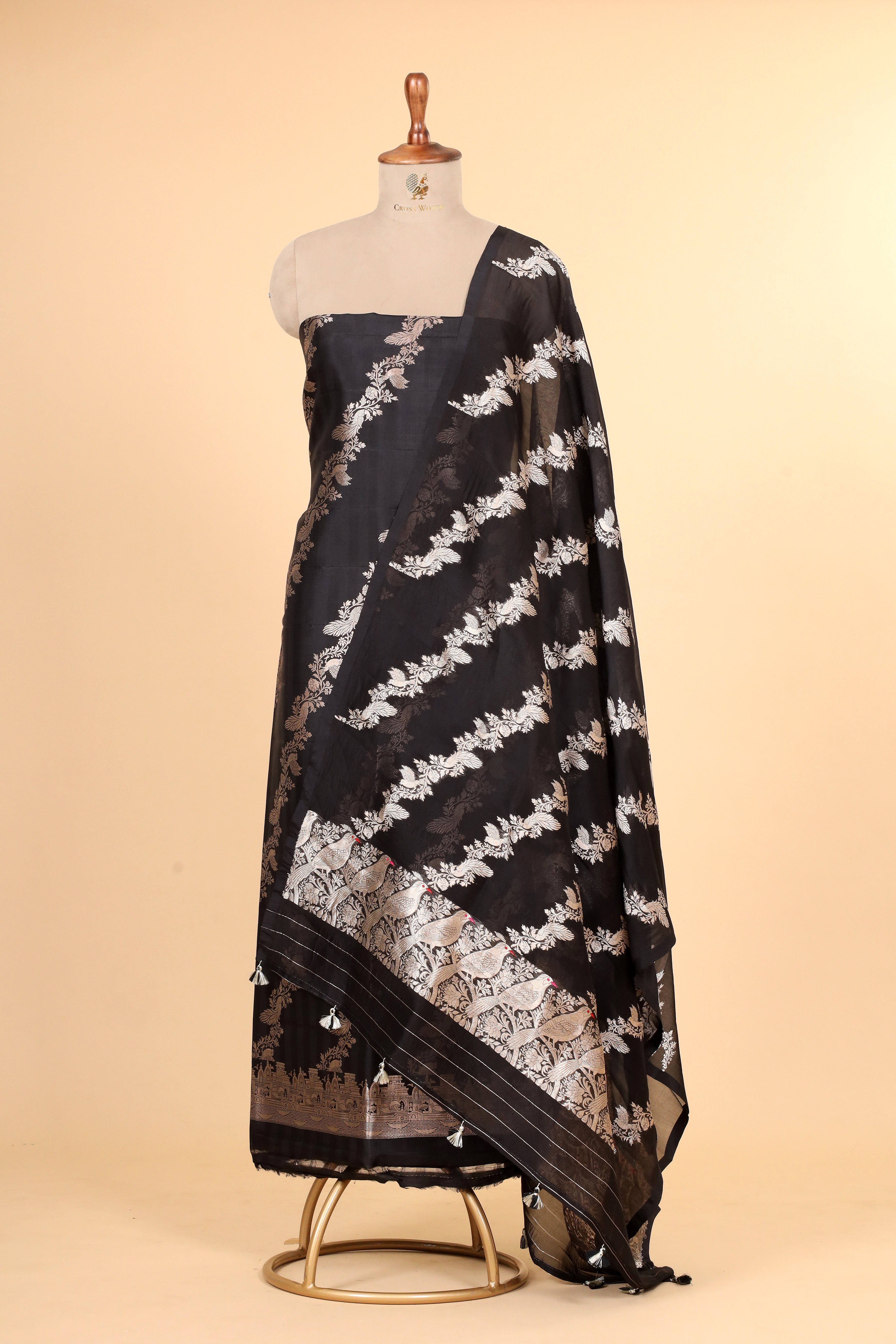 Black Banarasi Soft Silk Suit Set With Organza Dupatta