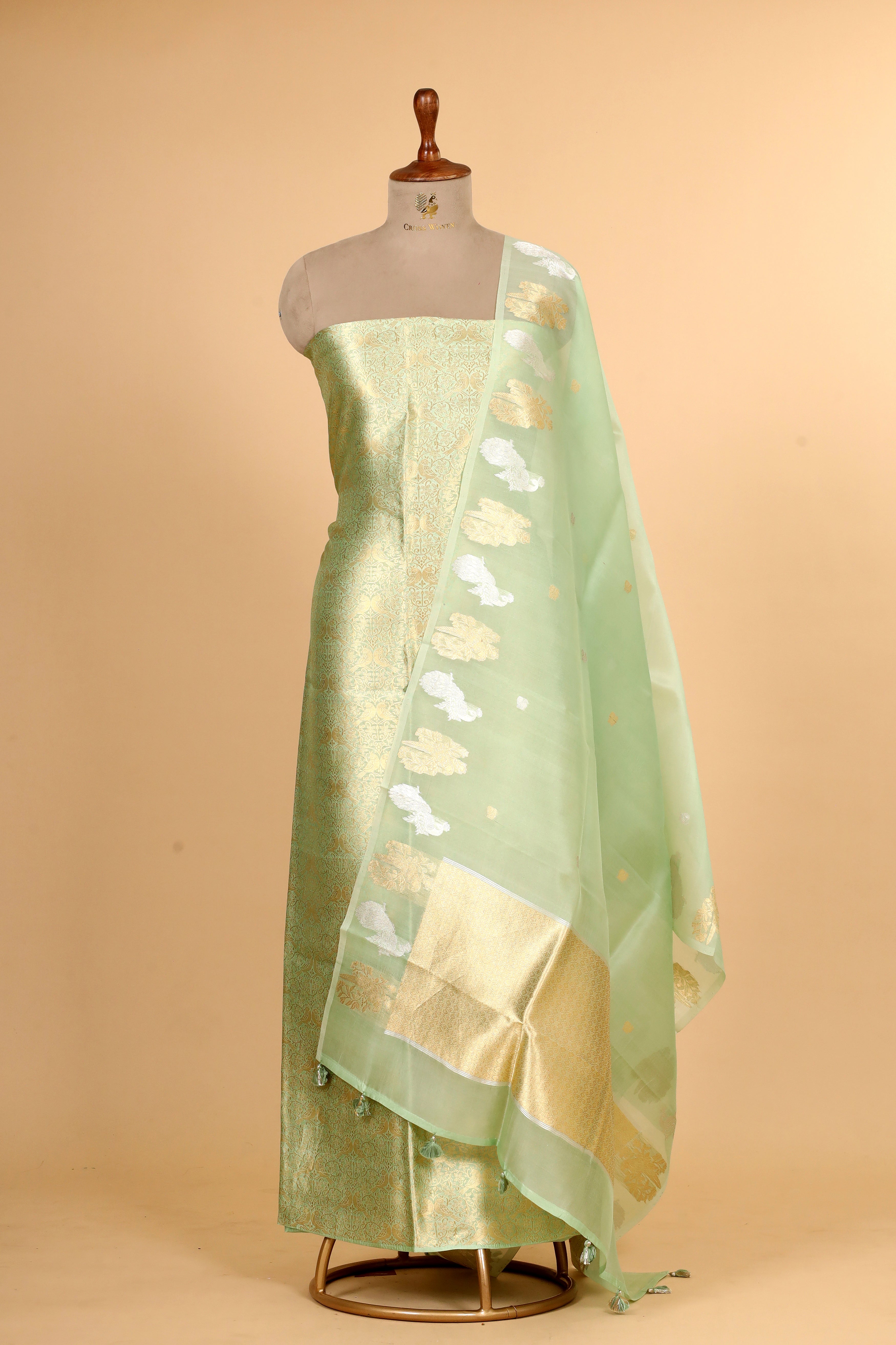 Pastel Green Banarasi Soft Silk Suit Set With Organza Dupatta