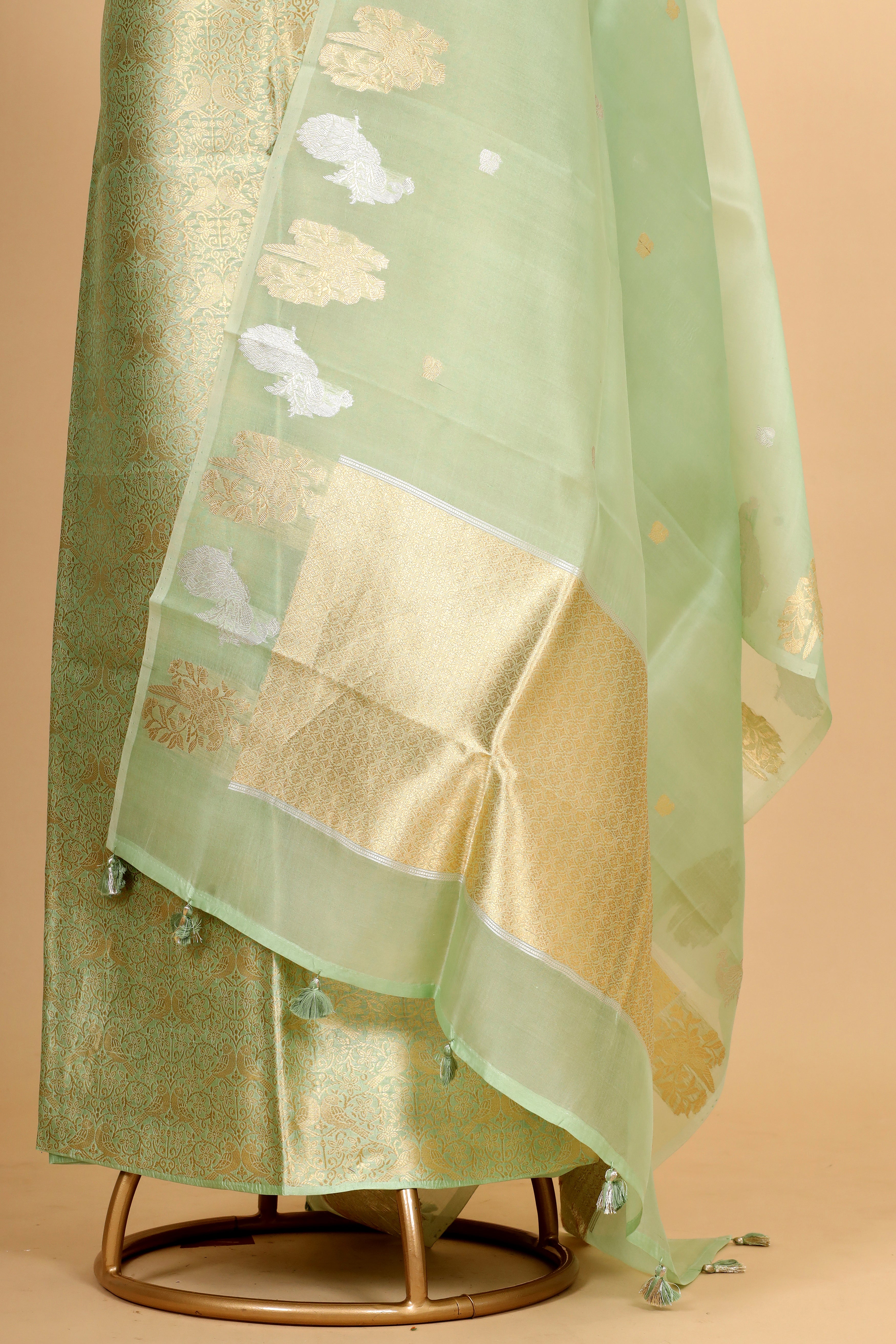 Pastel Green Banarasi Soft Silk Suit Set With Organza Dupatta