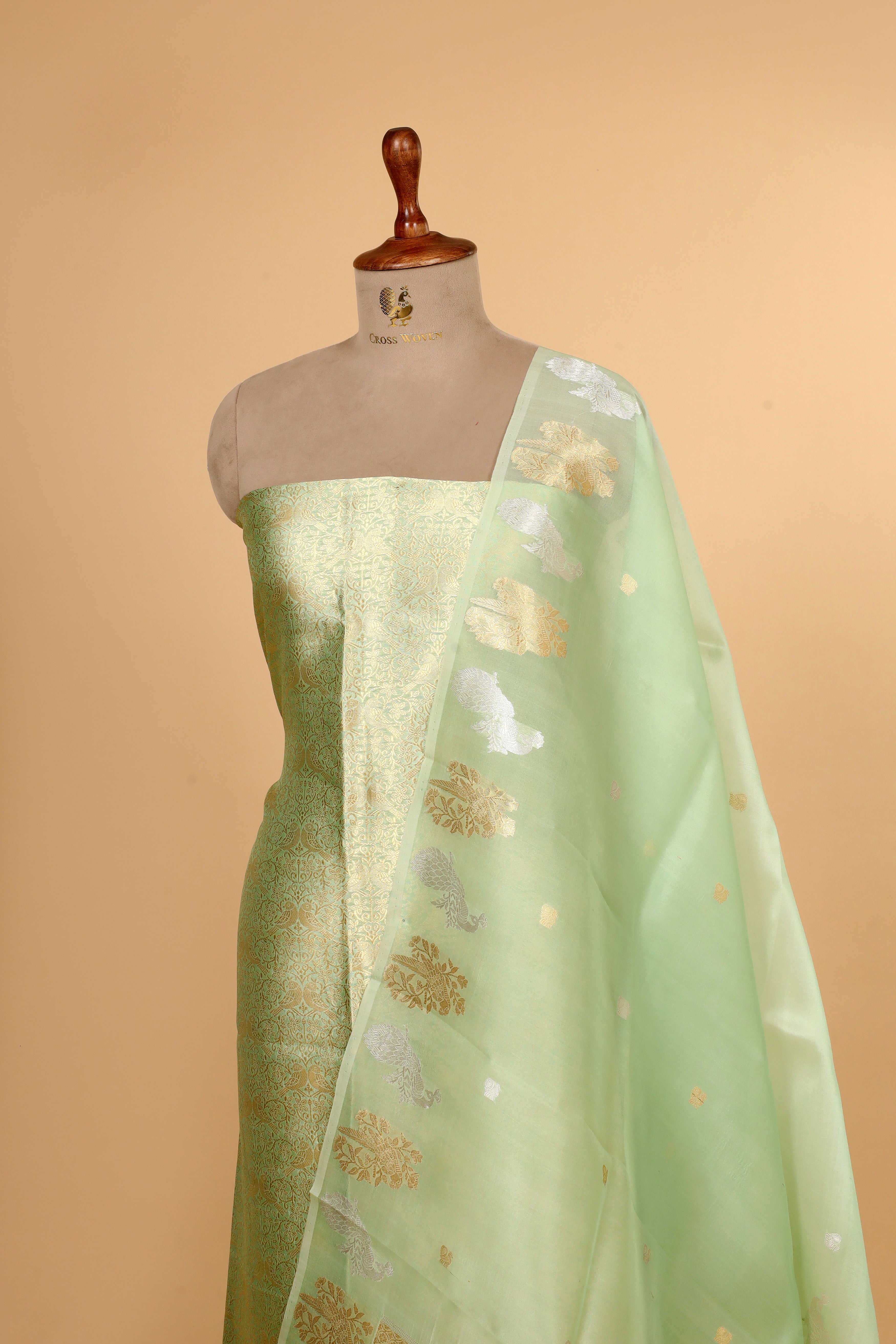 Pastel Green Banarasi Soft Silk Suit Set With Organza Dupatta