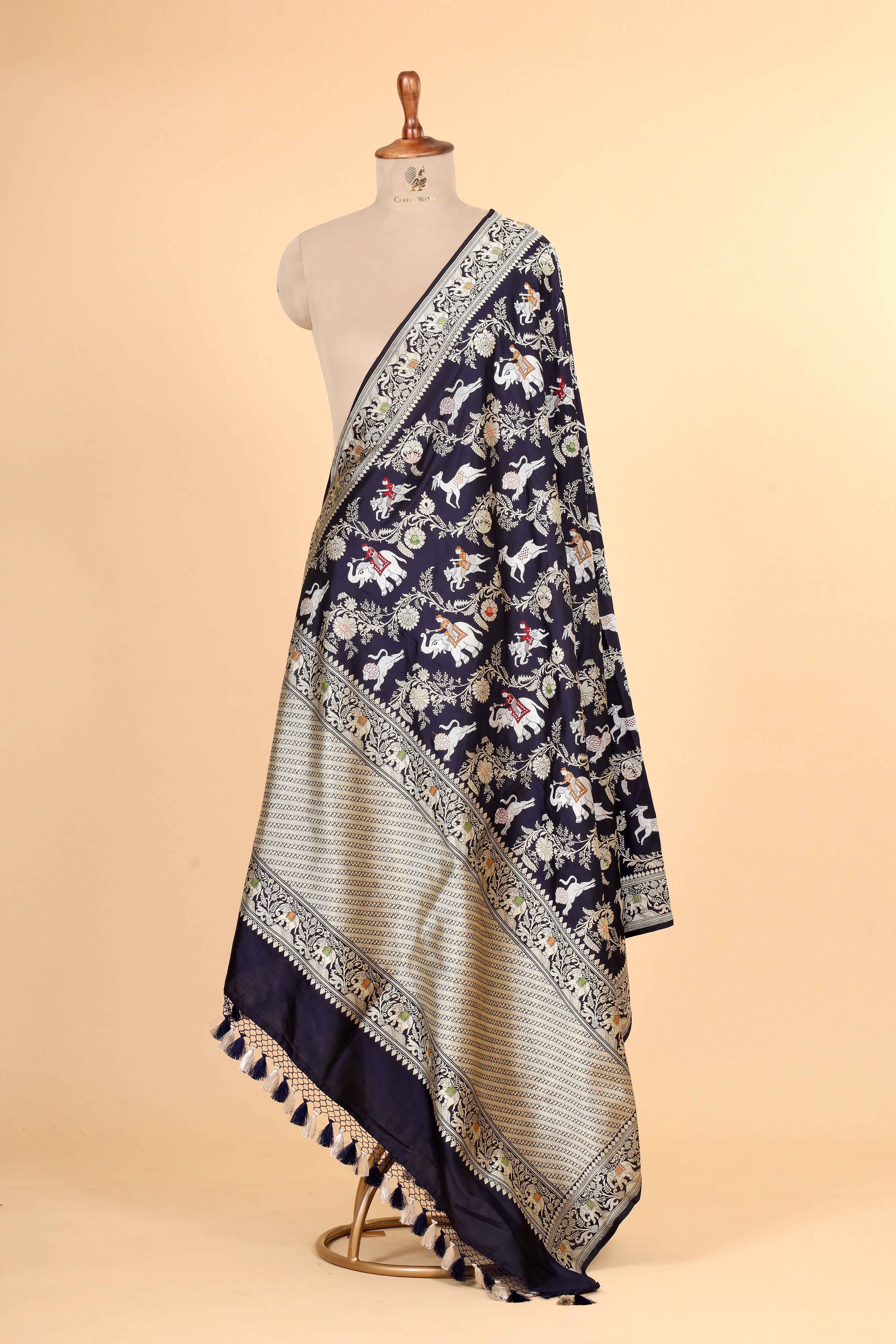 Midnight Blue Shikarghah Meenakari Pure Katan Silk Banarasi Handloom Dupatta