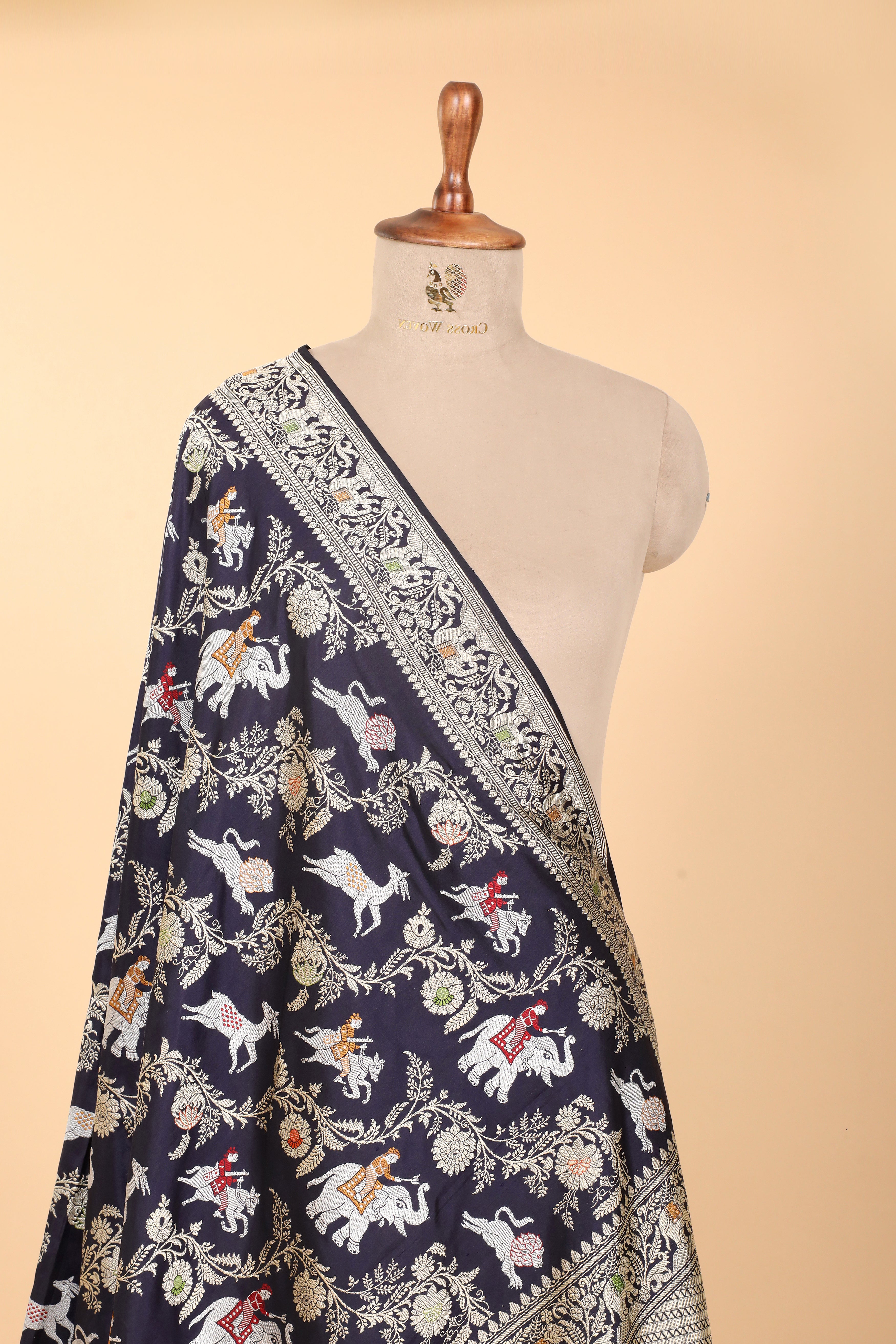 Midnight Blue Shikarghah Meenakari Pure Katan Silk Banarasi Handloom Dupatta