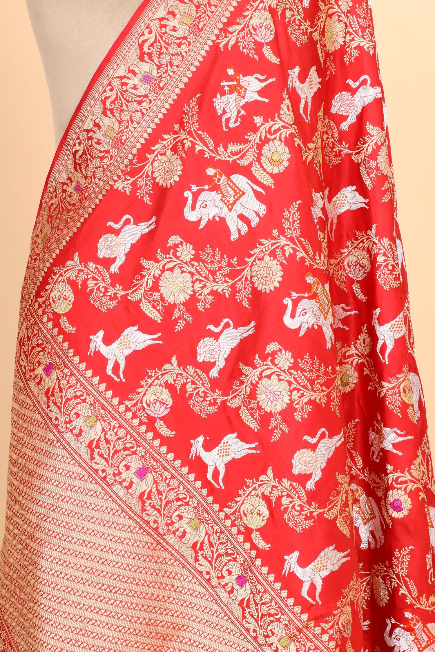 Red Shikarghah Meenakari Pure Katan Silk Banarasi Handloom Dupatta
