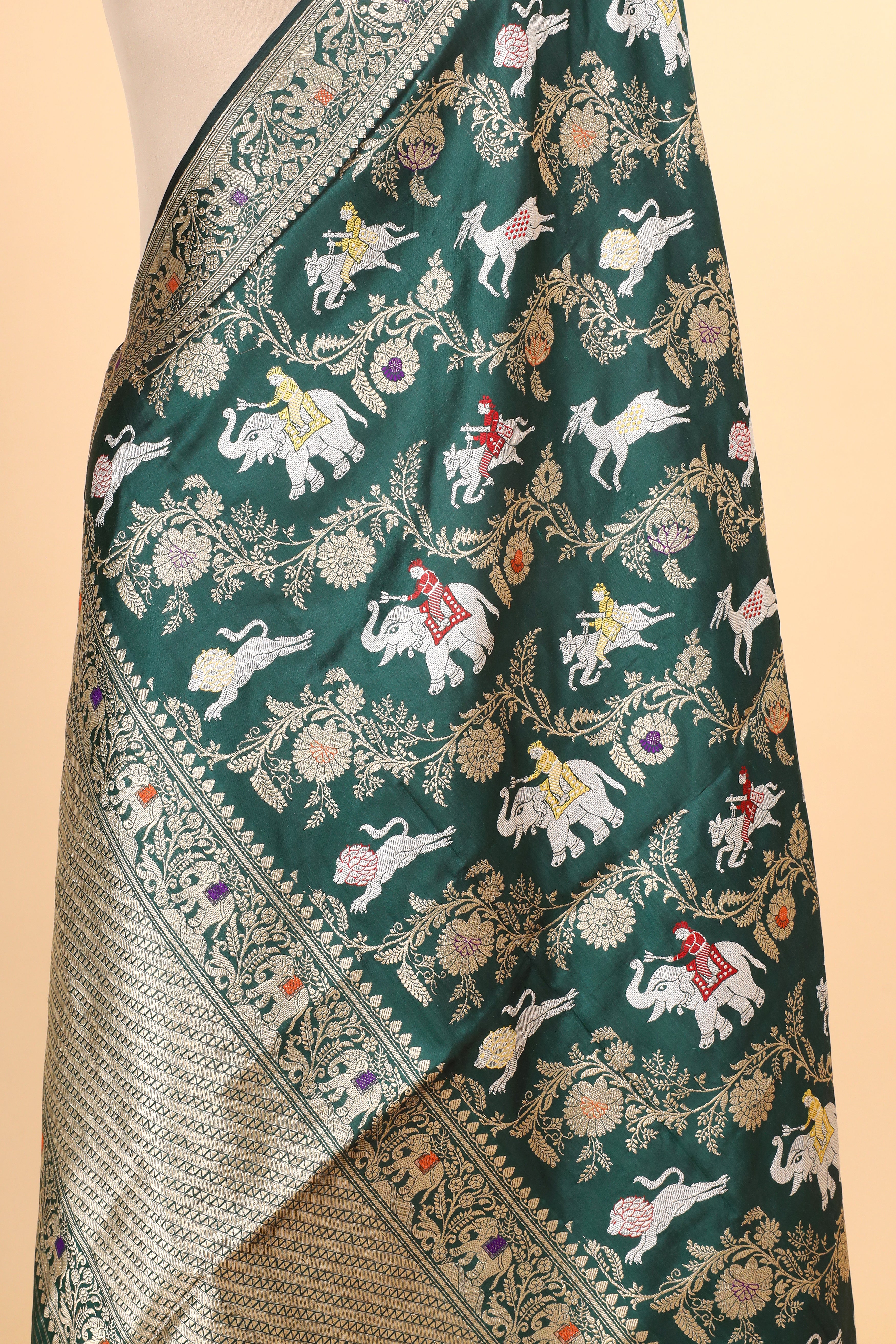 Bottle Green Shikarghah Meenakari Pure Katan Silk Banarasi Handloom Dupatta