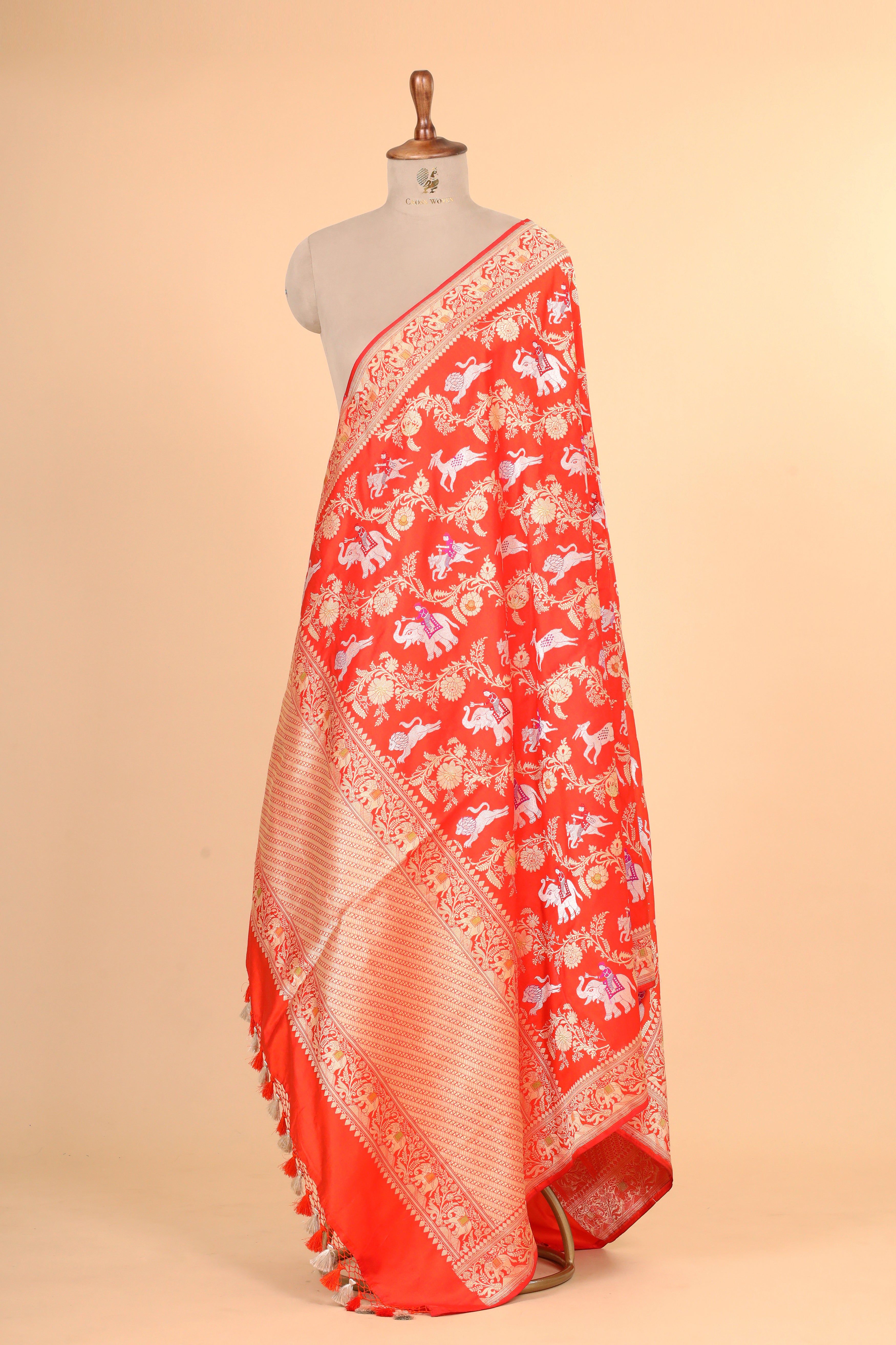Orange Shikarghah Meenakari Pure Katan Silk Banarasi Handloom Dupatta