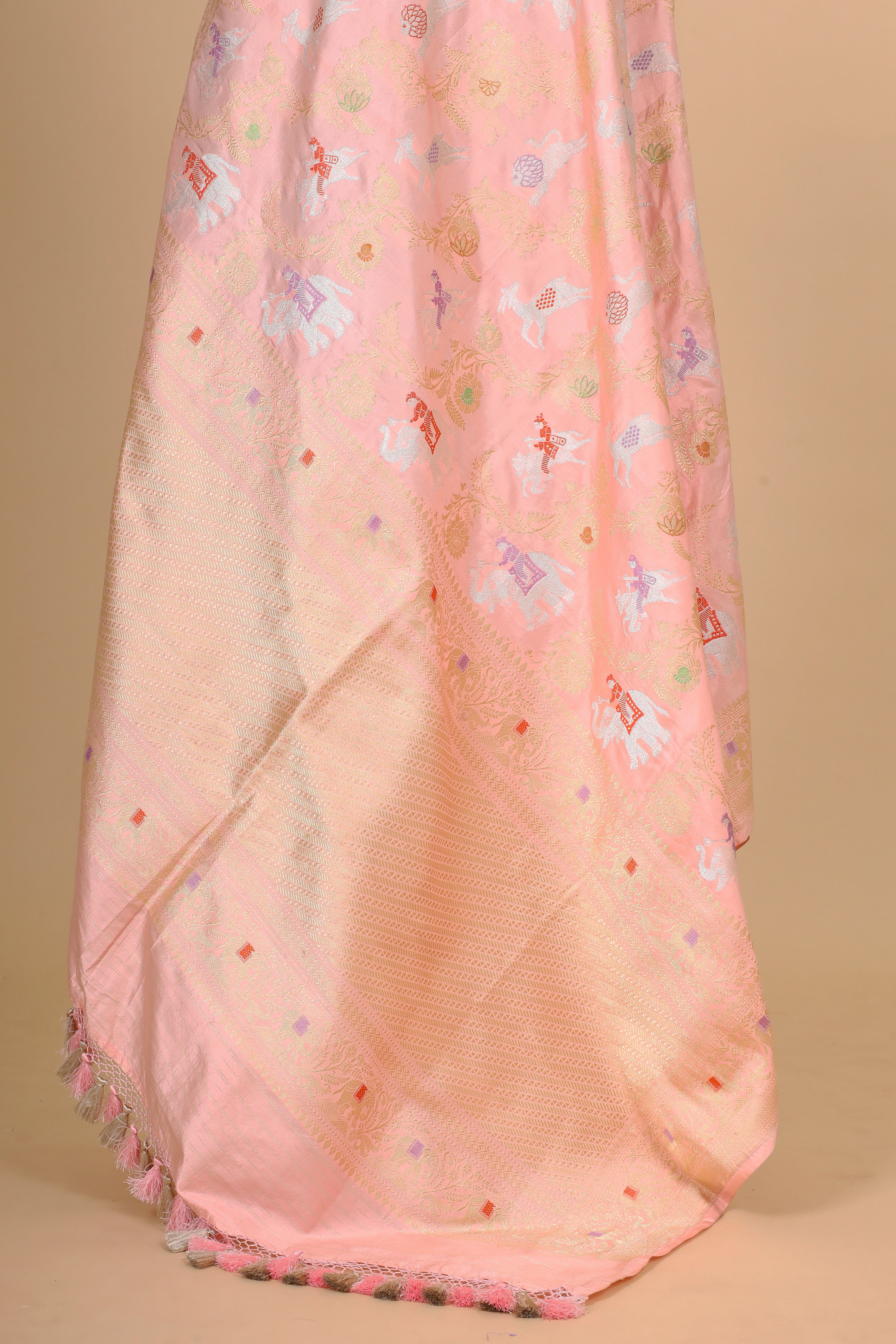 Baby Pink Shikarghah Meenakari Pure Katan Silk Banarasi Handloom Dupatta