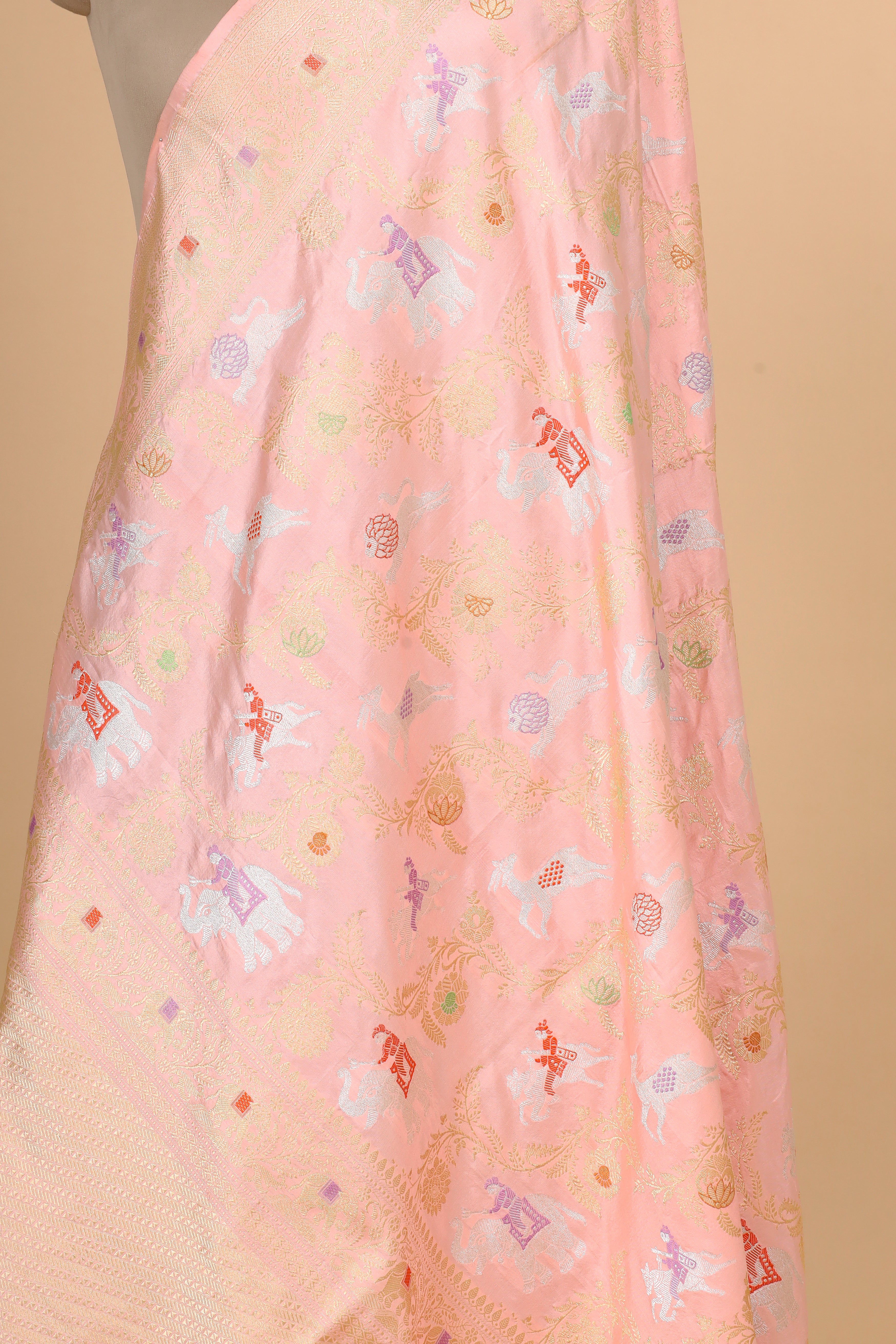 Baby Pink Shikarghah Meenakari Pure Katan Silk Banarasi Handloom Dupatta