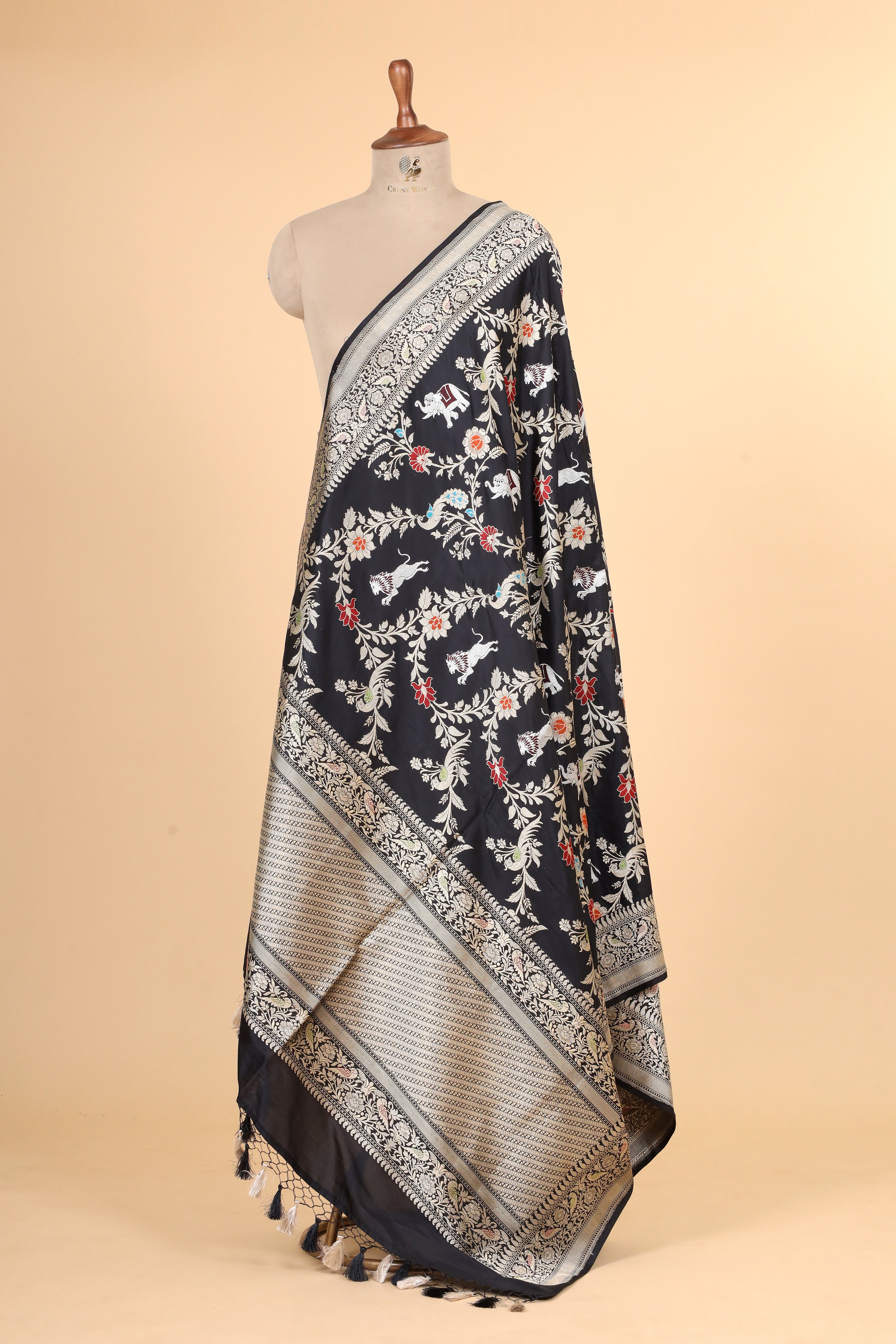 Black Shikarghah Meenakari Pure Katan Silk Banarasi Handloom Dupatta