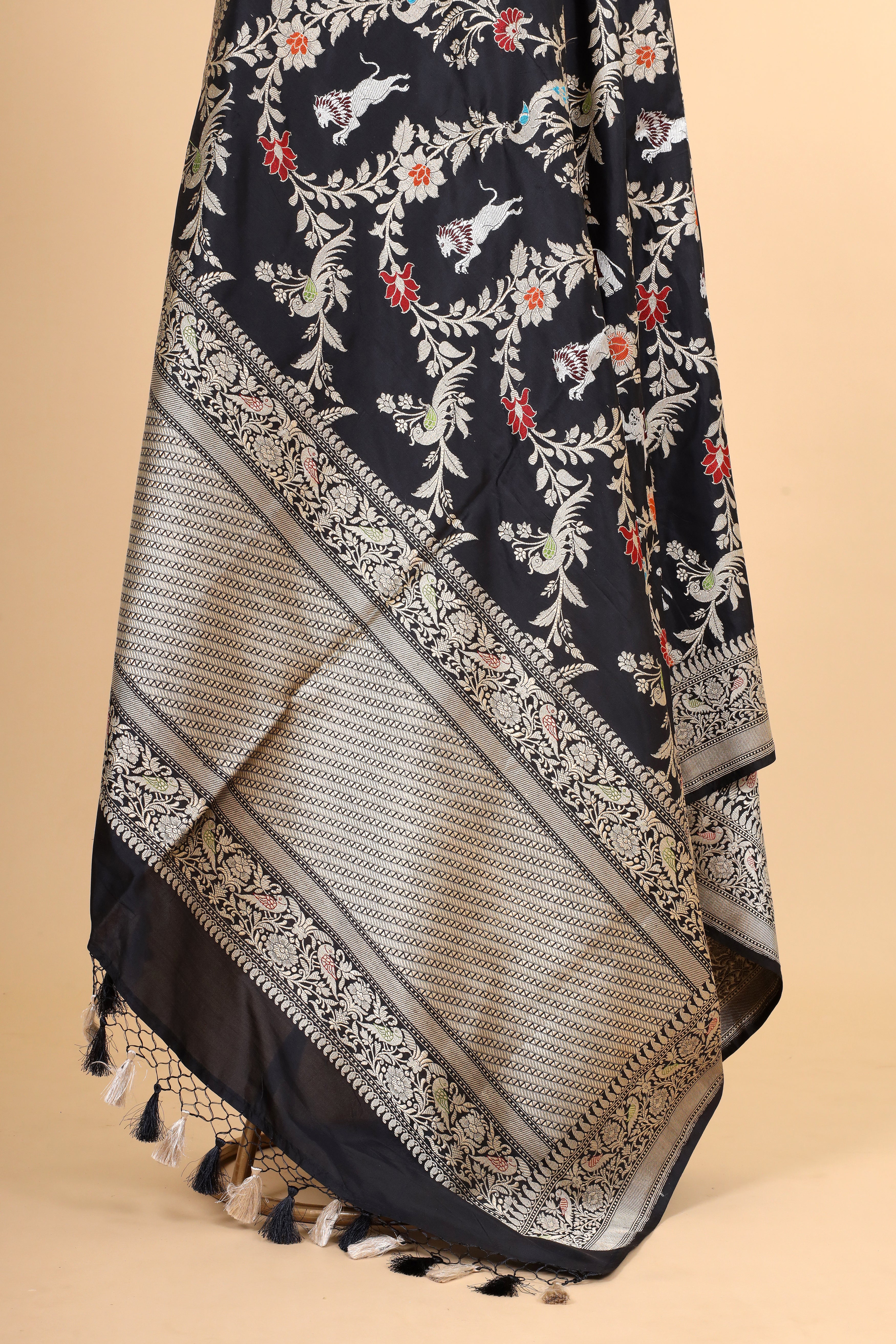 Black Shikarghah Meenakari Pure Katan Silk Banarasi Handloom Dupatta