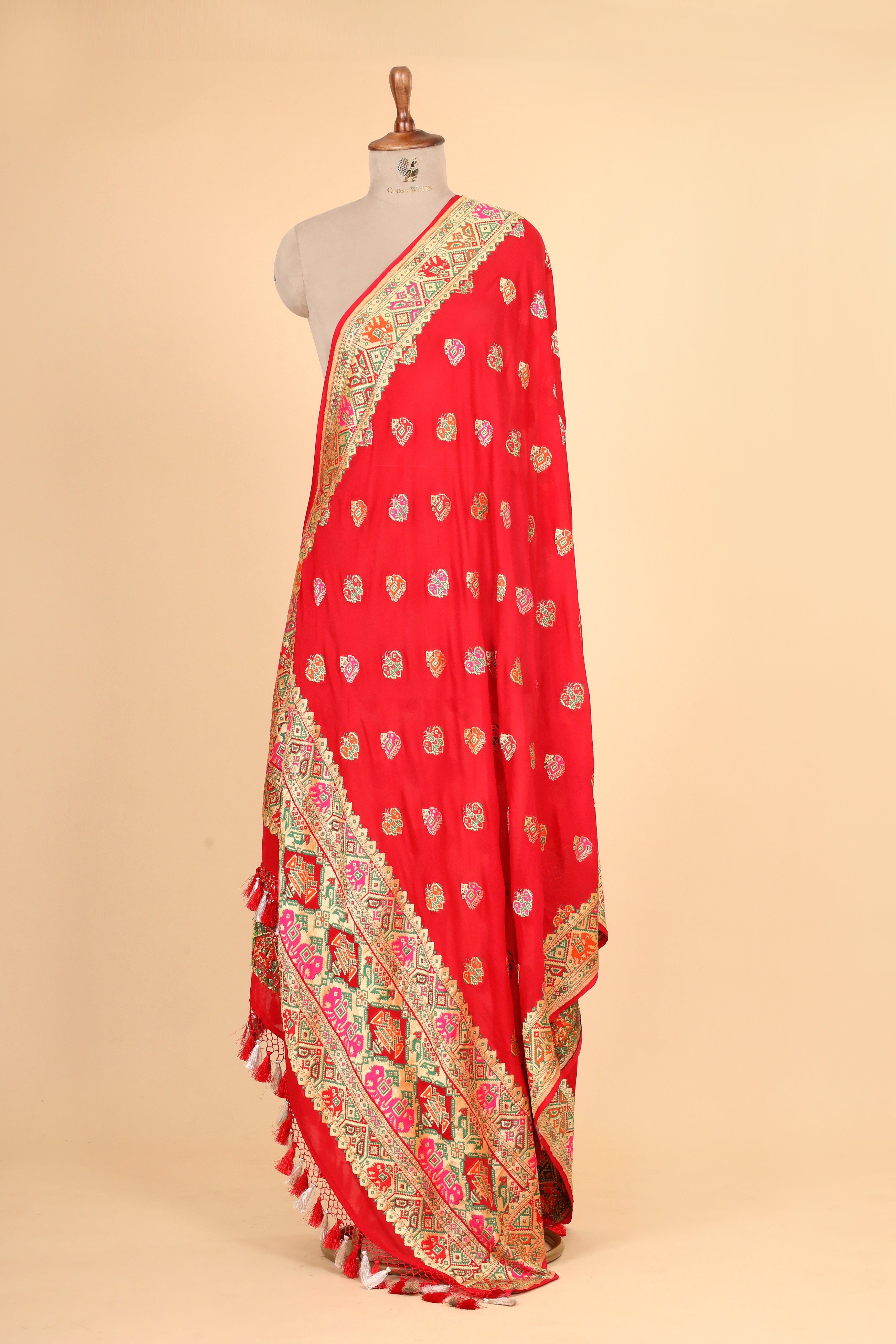 Red Shikarghah Meenakari Georgette Khaddi Banarasi Handloom Dupatta