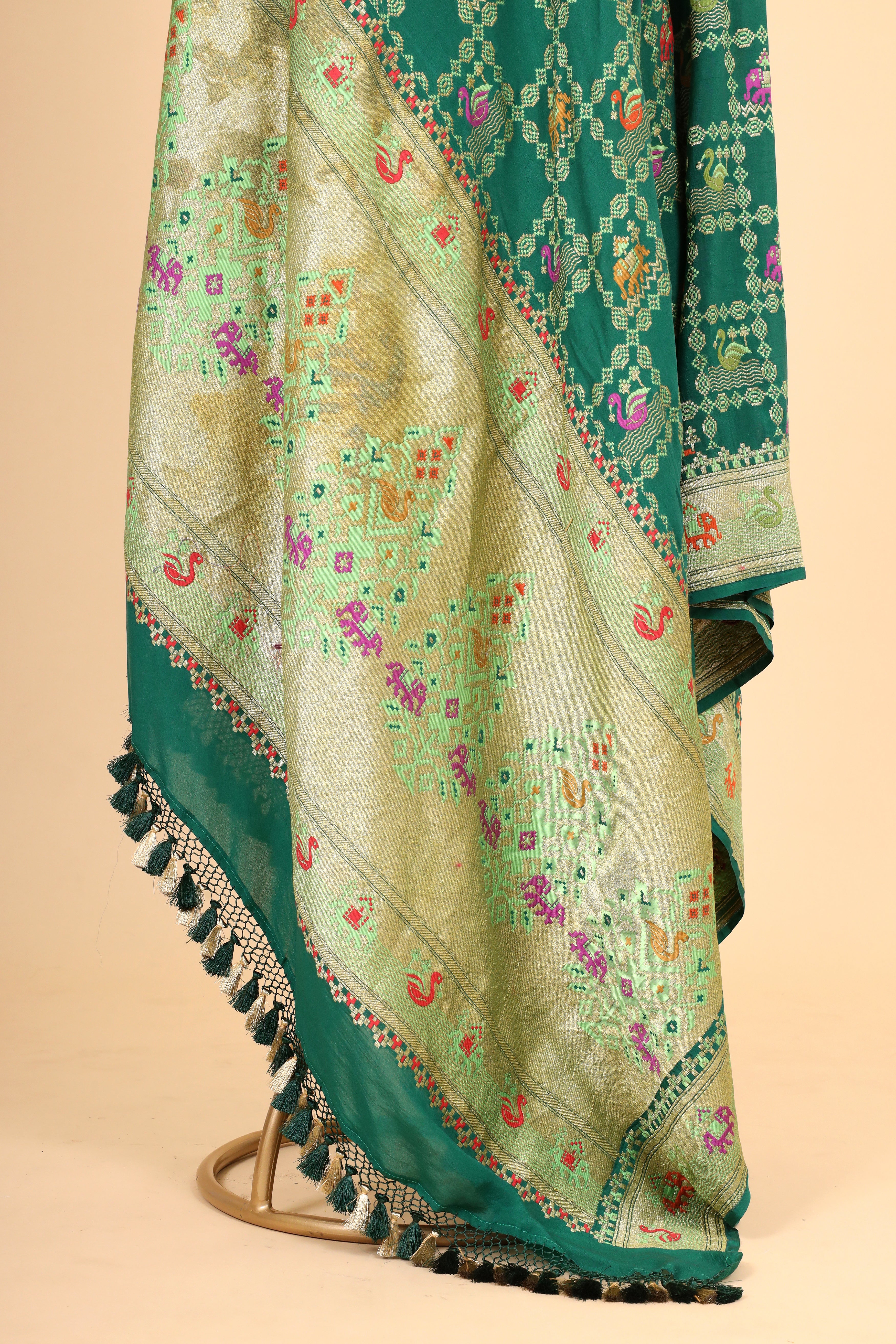 Emerald Green Shikarghah Meenakari Georgette Khaddi Banarasi Handloom Dupatta