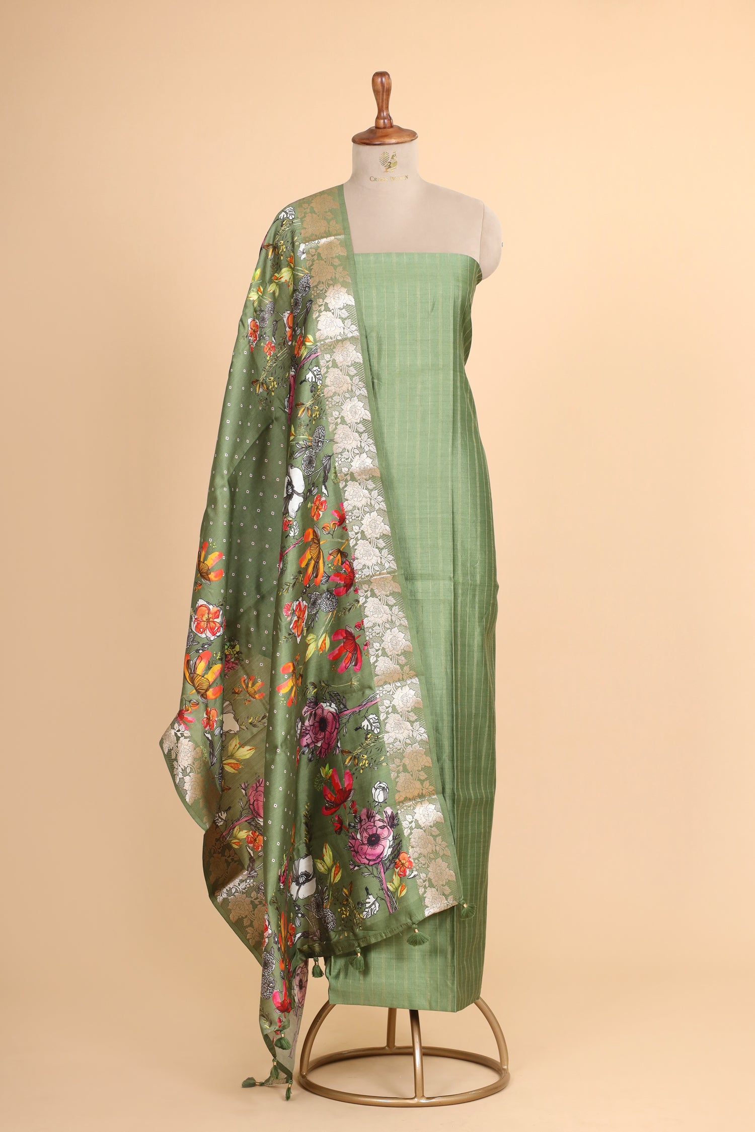 Sage Green Chiniya Silk Suit Set With Printed Chiniya Dupatta