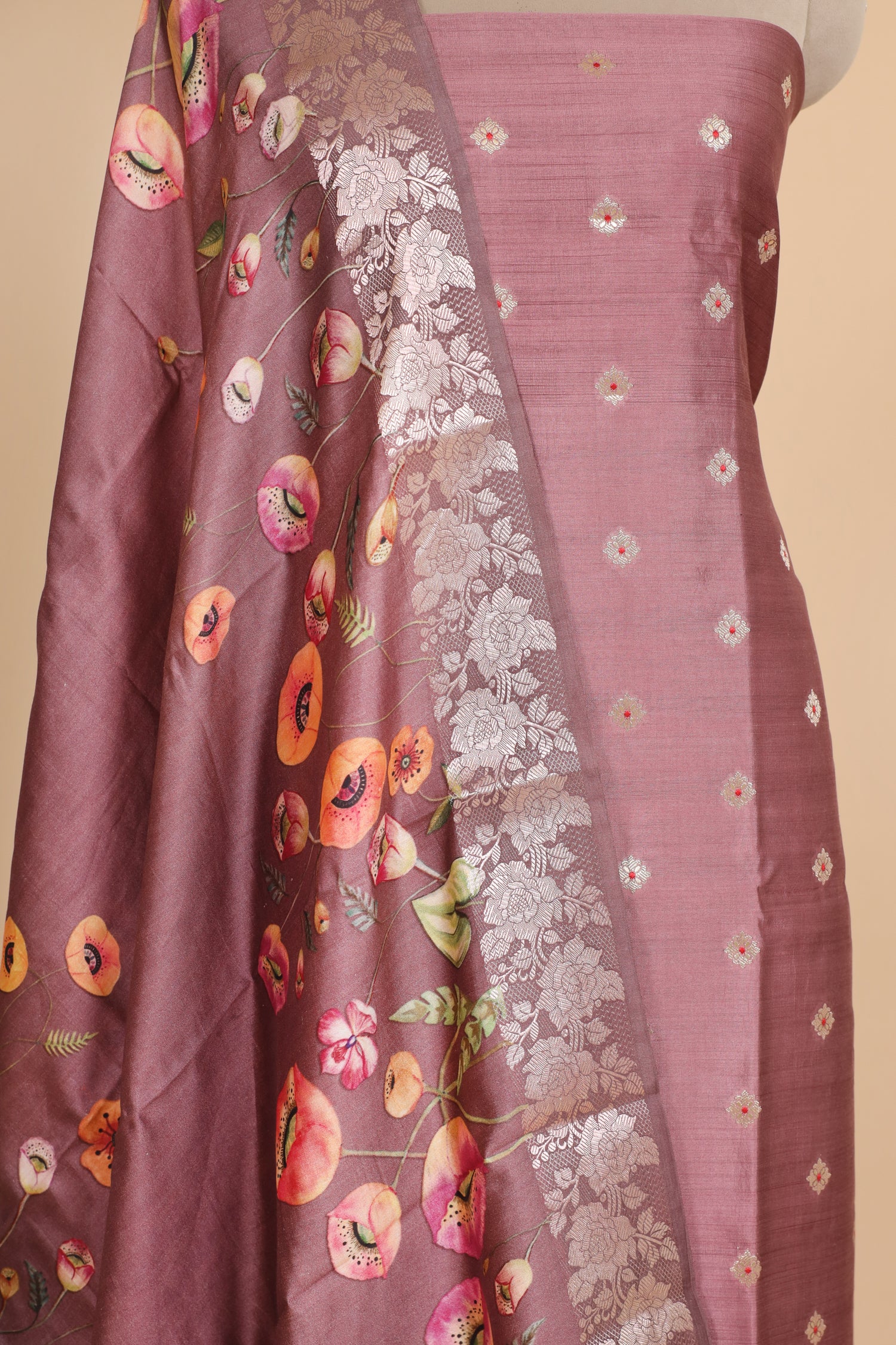 Dusty Mauve Chiniya Silk Suit Set With Printed Chiniya Dupatta