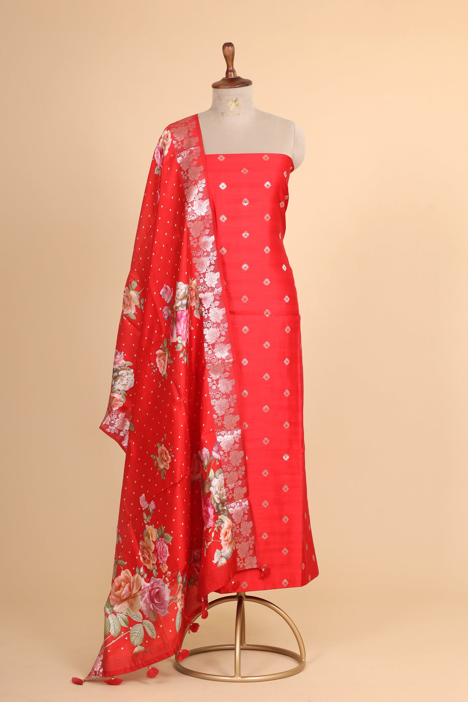 Red Chiniya Silk Suit Set With Printed Chiniya Dupatta